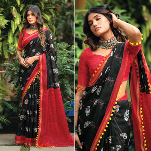 Black Floral Printed Cotton Blend Saree With Pumpum Lace