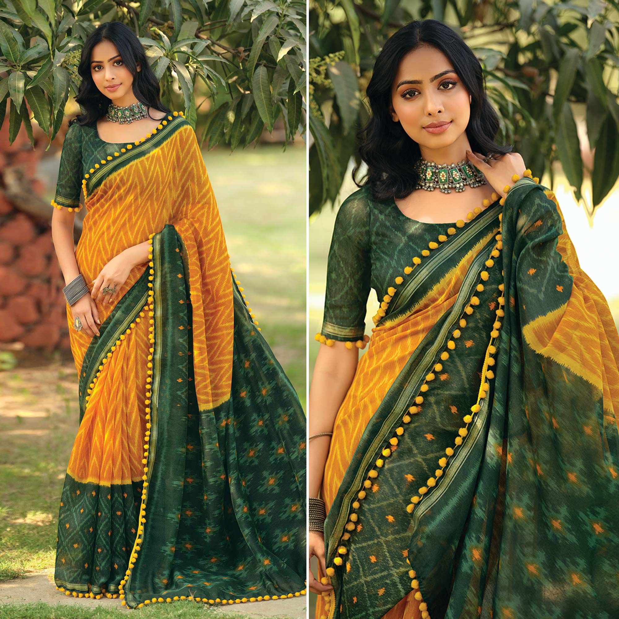 Mustard Printed Cotton Blend Saree With Pumpum Lace