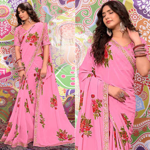 Pink Floral Printed Georgette Saree With Sequins Work Border