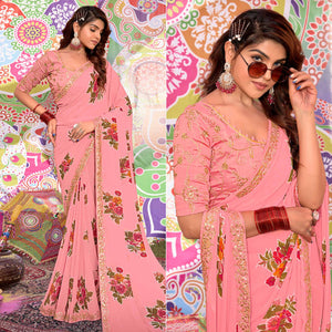 Peach Floral Printed Georgette Saree With Sequins Work Border