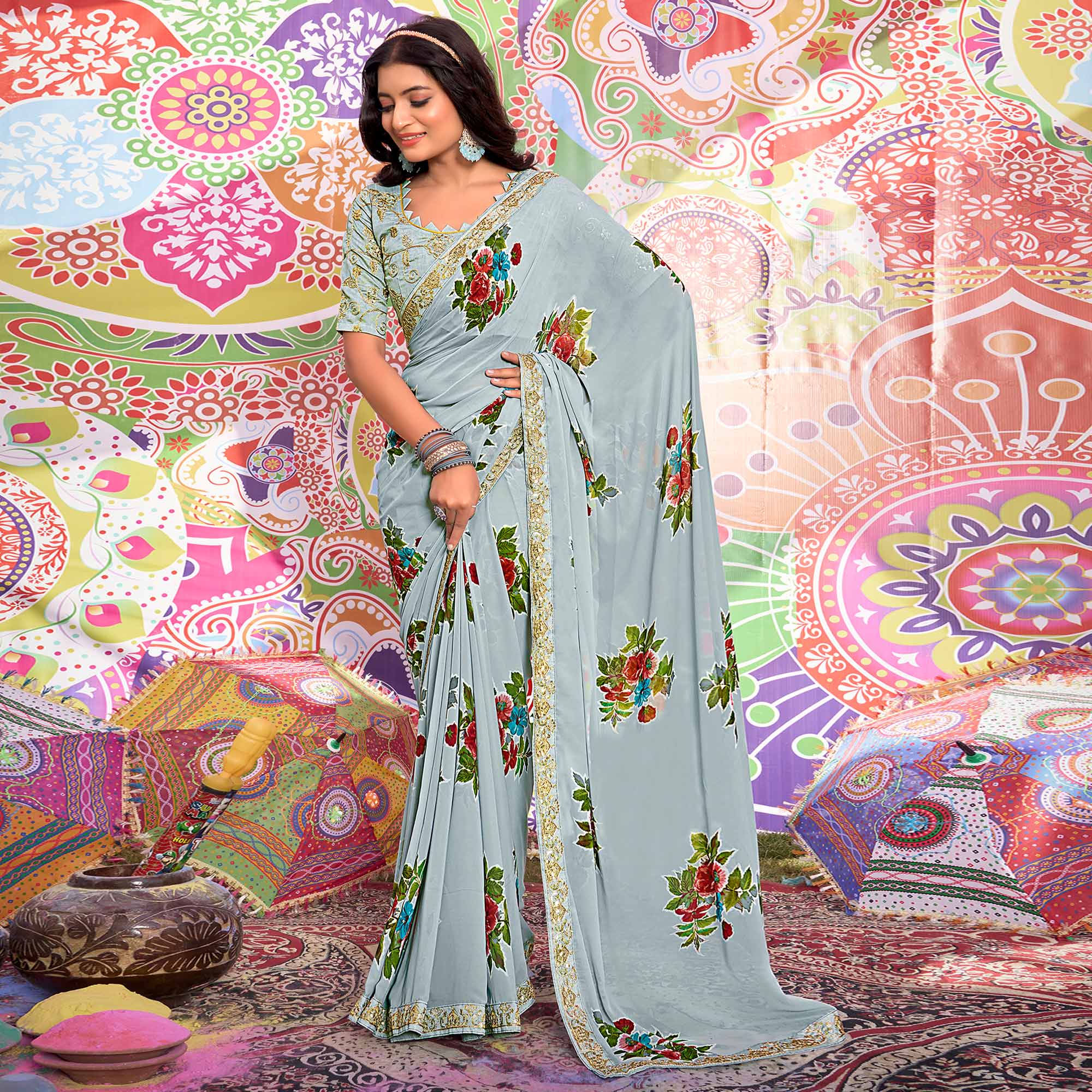 Blue Floral Printed Georgette Saree With Sequins Work Border
