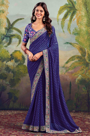 Blue Bandhani Printed Georgette Saree With Embroidered Border