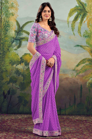 Purple Bandhani Printed Georgette Saree With Embroidered Border