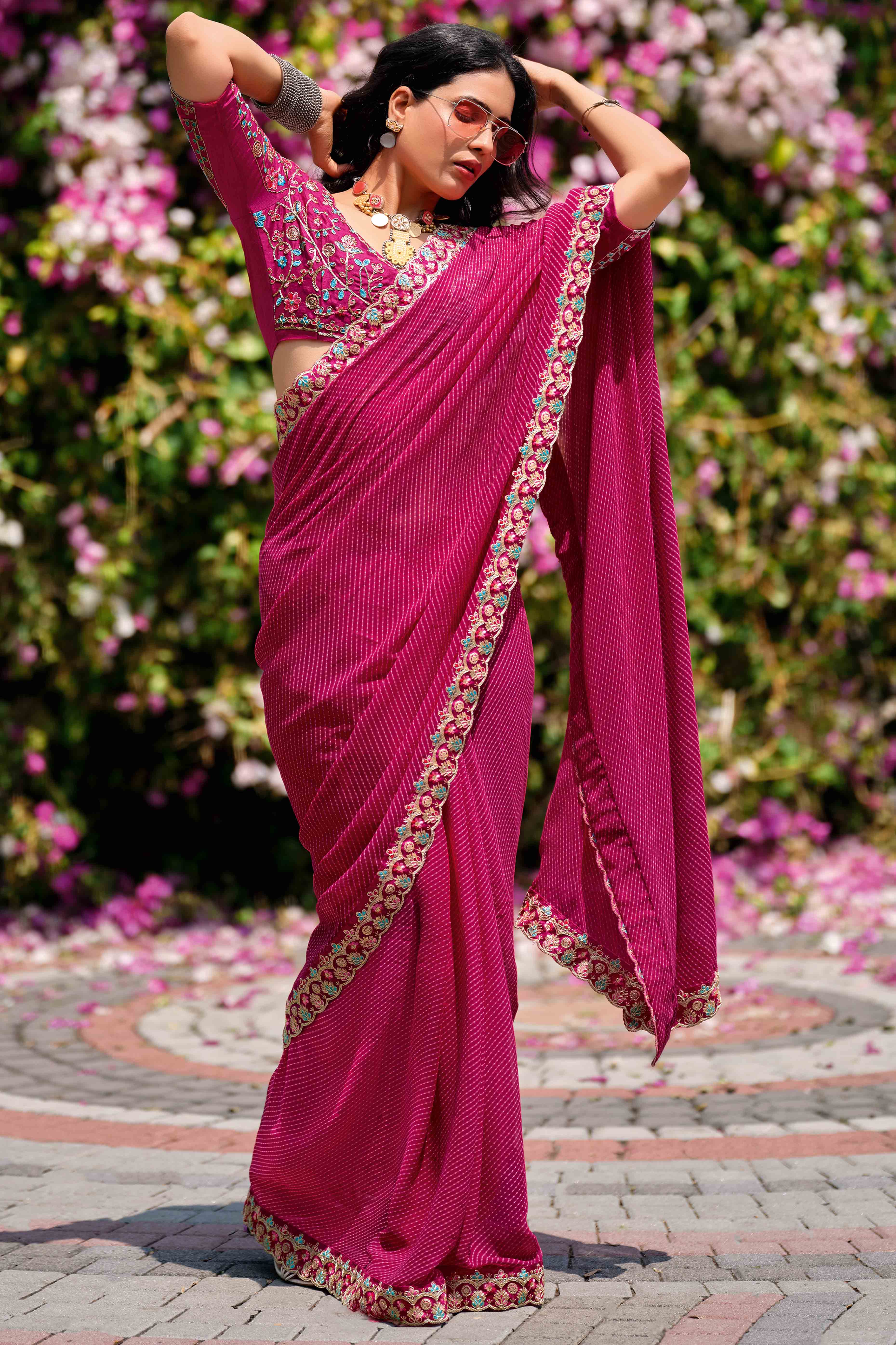 Rani Pink Striped Printed Georgette Saree With Shimmering Sequin Embroidered Border