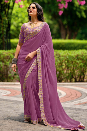 Lavender Striped Printed Georgette Saree With Shimmering Sequin Embroidered Border