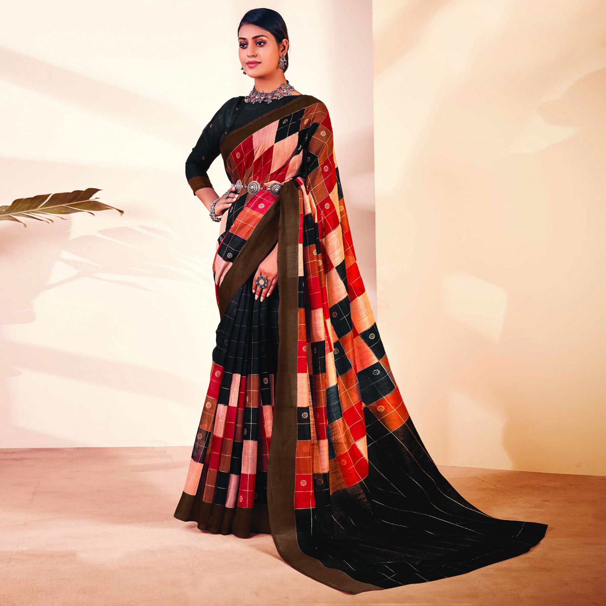 Black Checks Printed Cotton Blend Saree