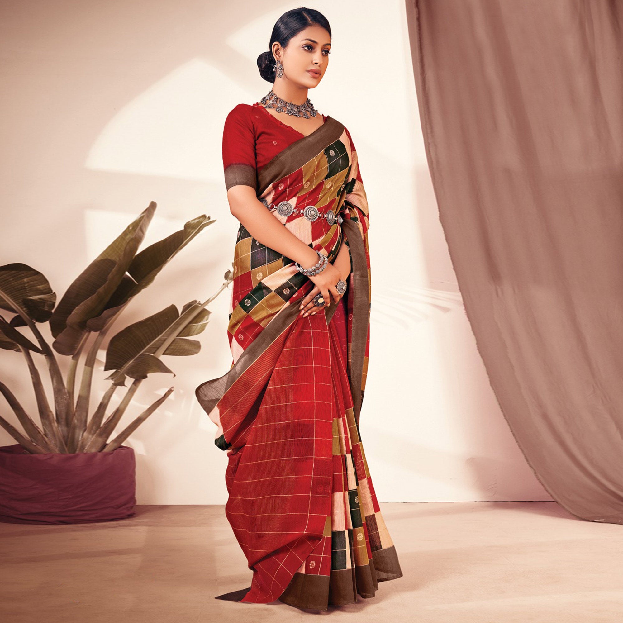 Red Checks Printed Cotton Blend Saree