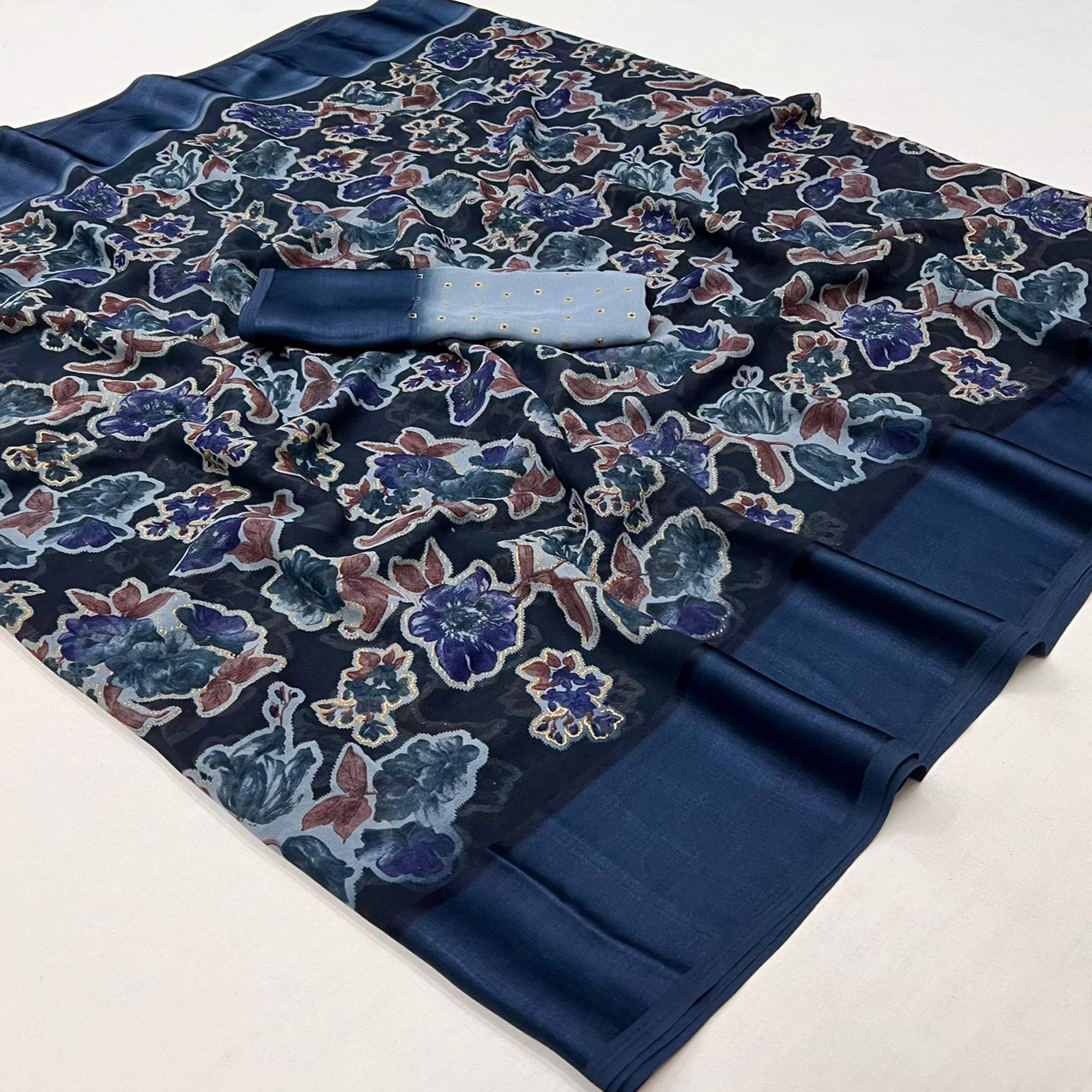 Blue Floral Foil Printed Cotton Silk Saree