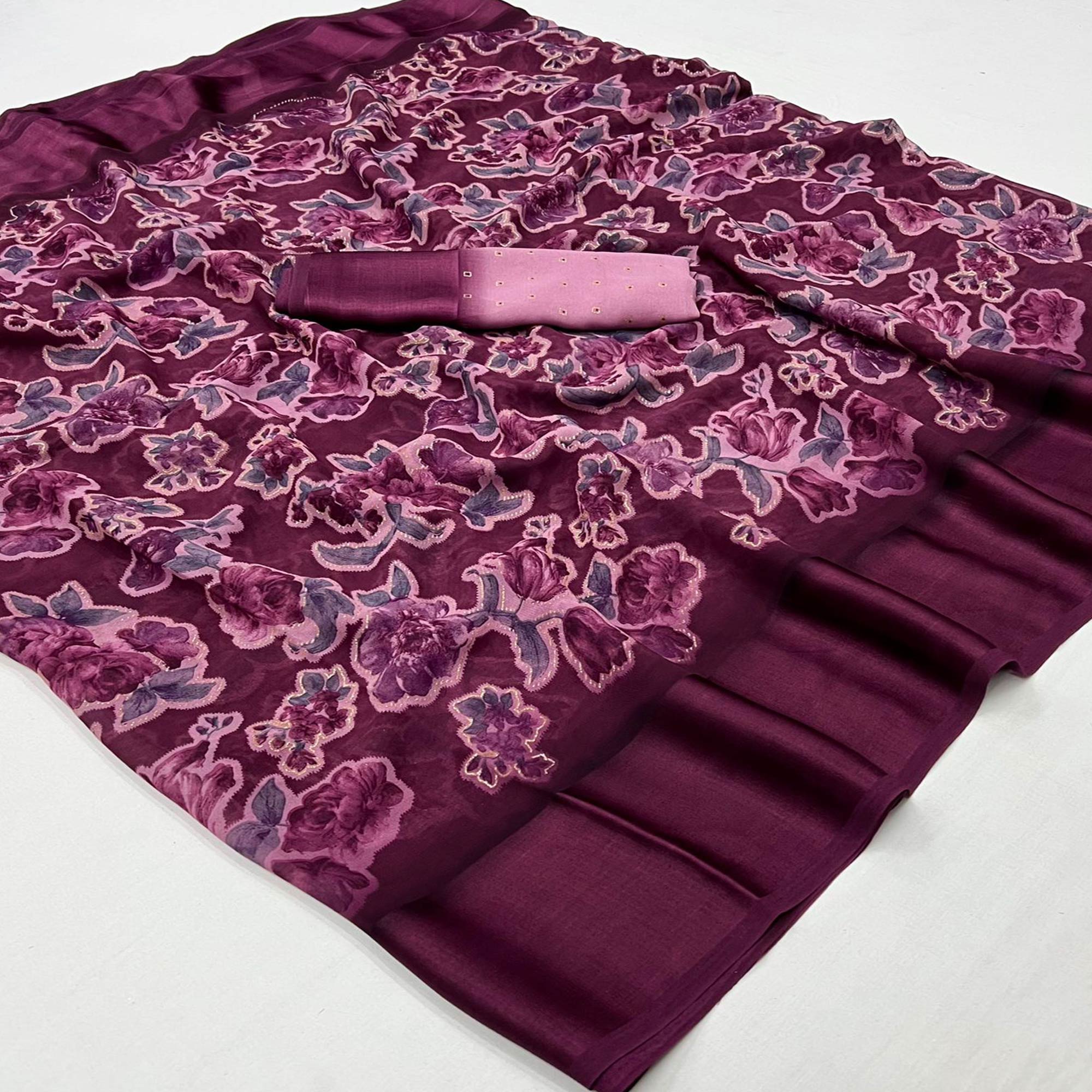 Wine Floral Foil Printed Cotton Silk Saree