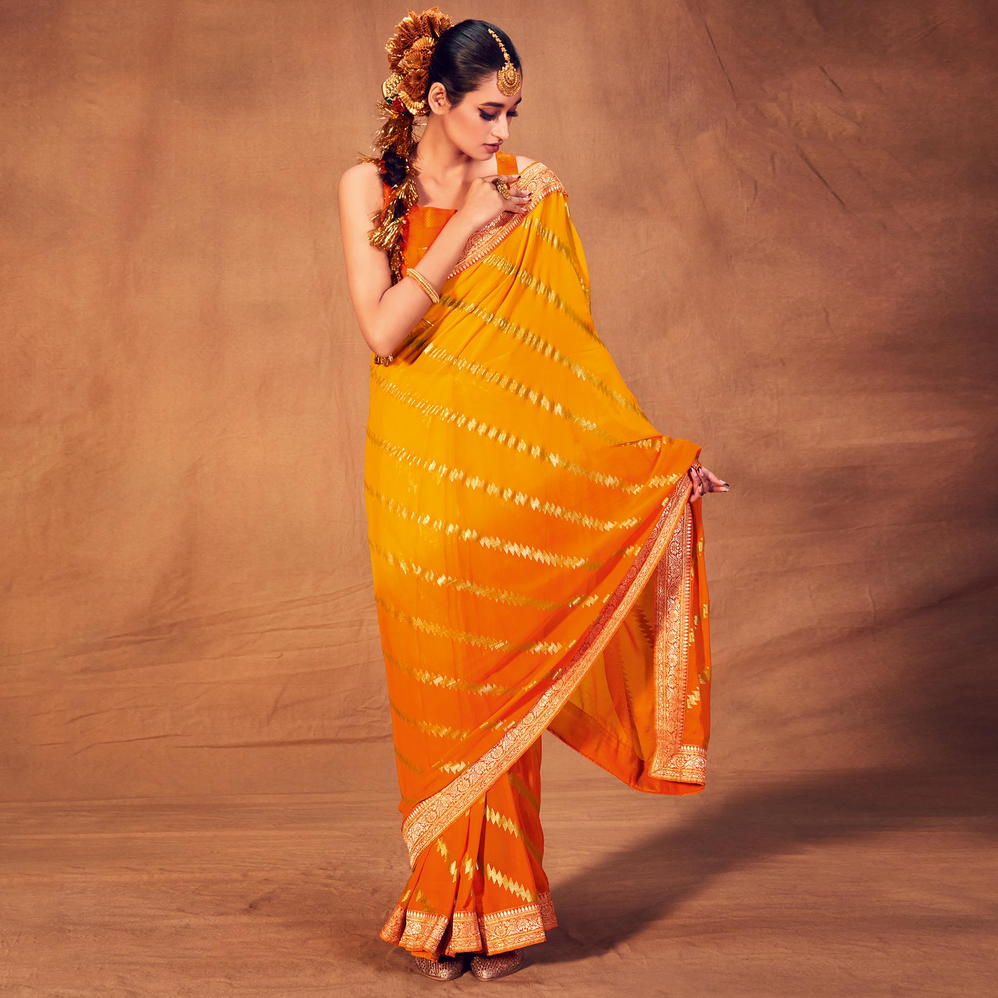 Yellow & Orange Foil Printed Georgette Saree