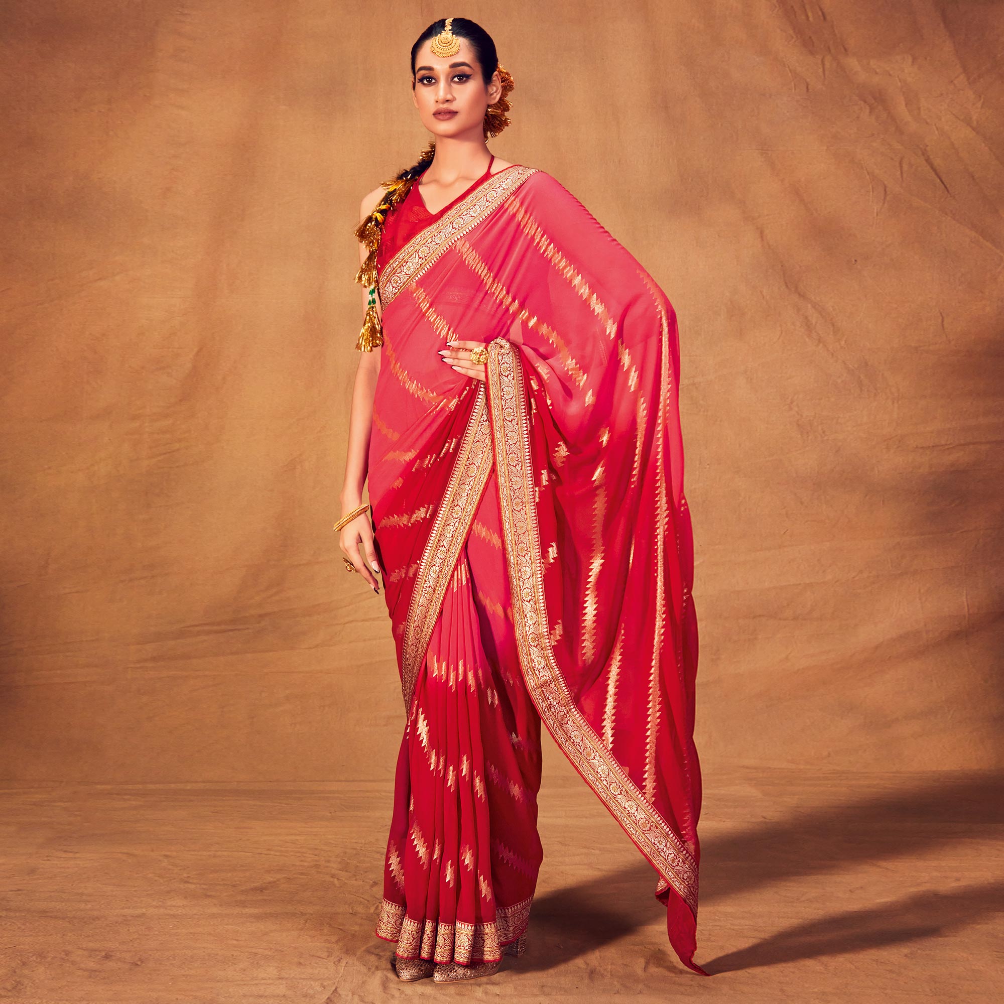 Pink & Red Foil Printed Georgette Saree