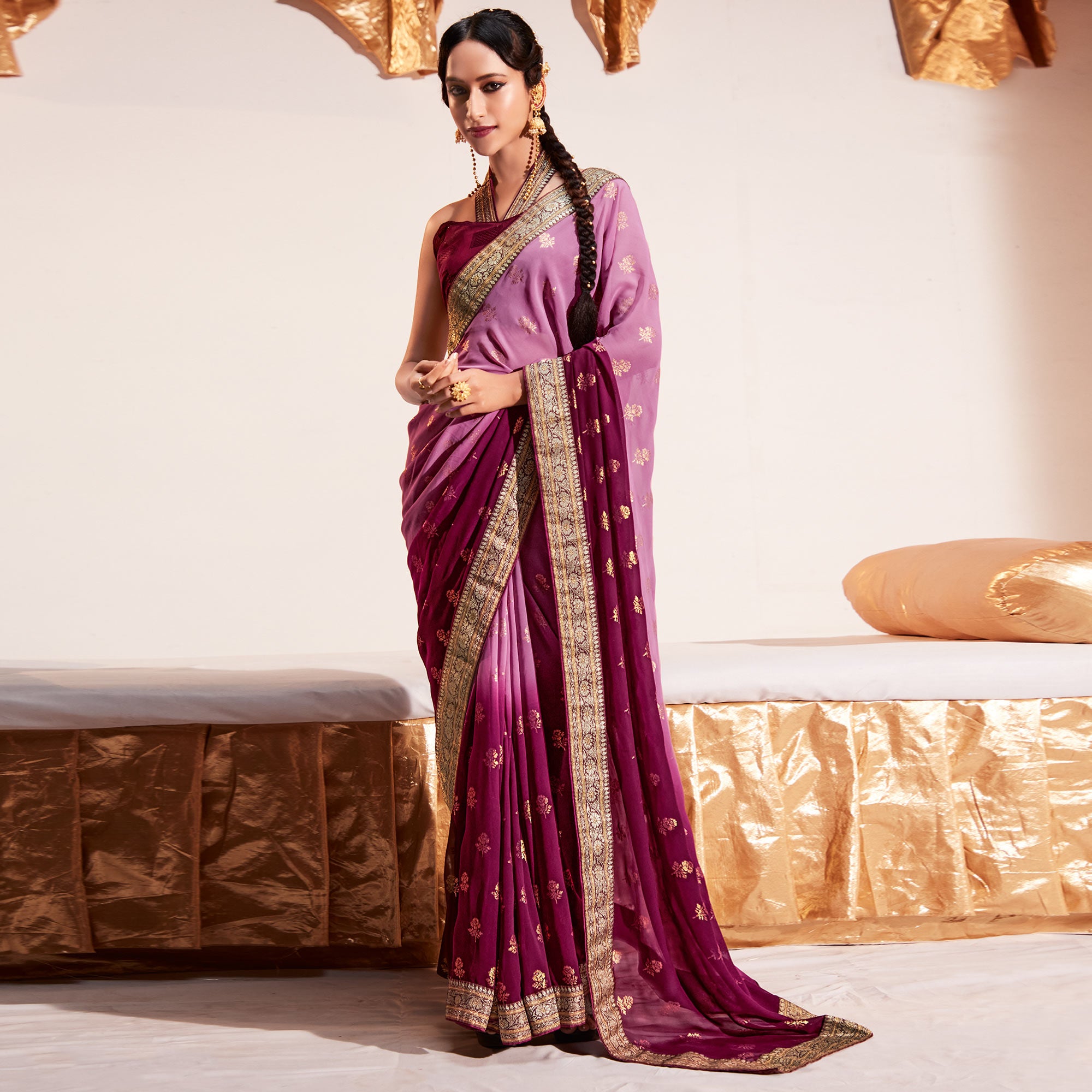 Pink & Wine Foil Printed Georgette Saree