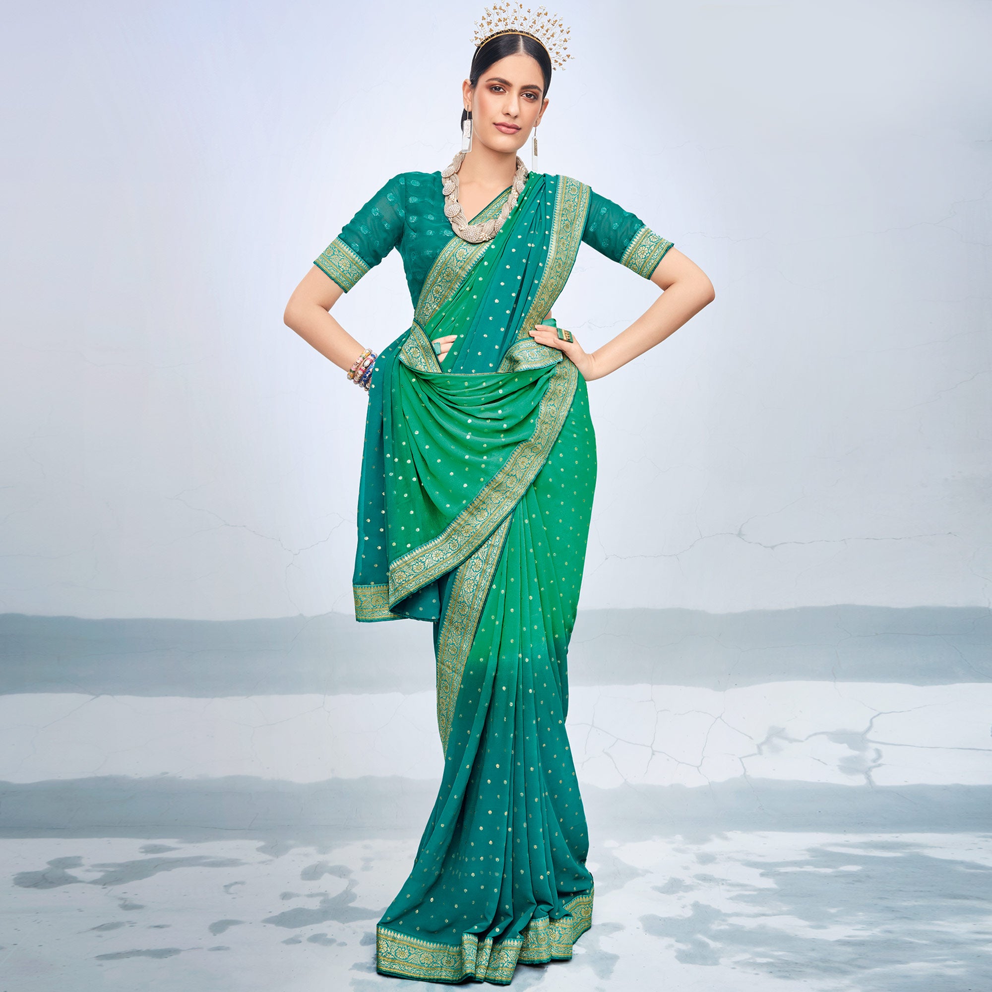 Sea Green & Teal Foil Printed Georgette Saree