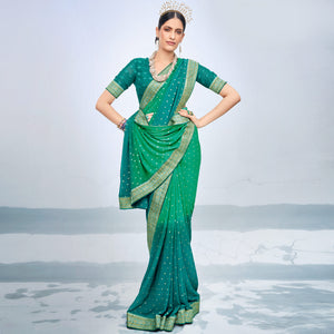 Sea Green & Teal Foil Printed Georgette Saree