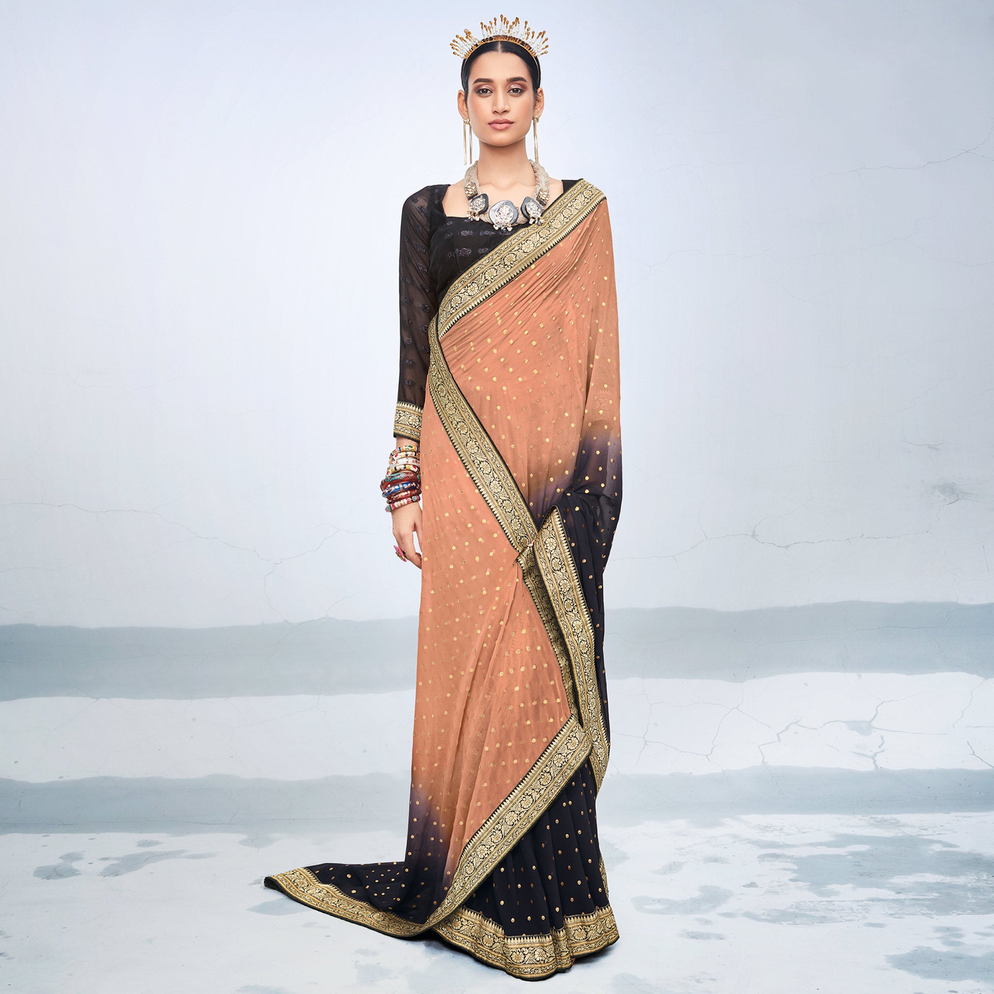 Peach & Black Foil Printed Georgette Saree