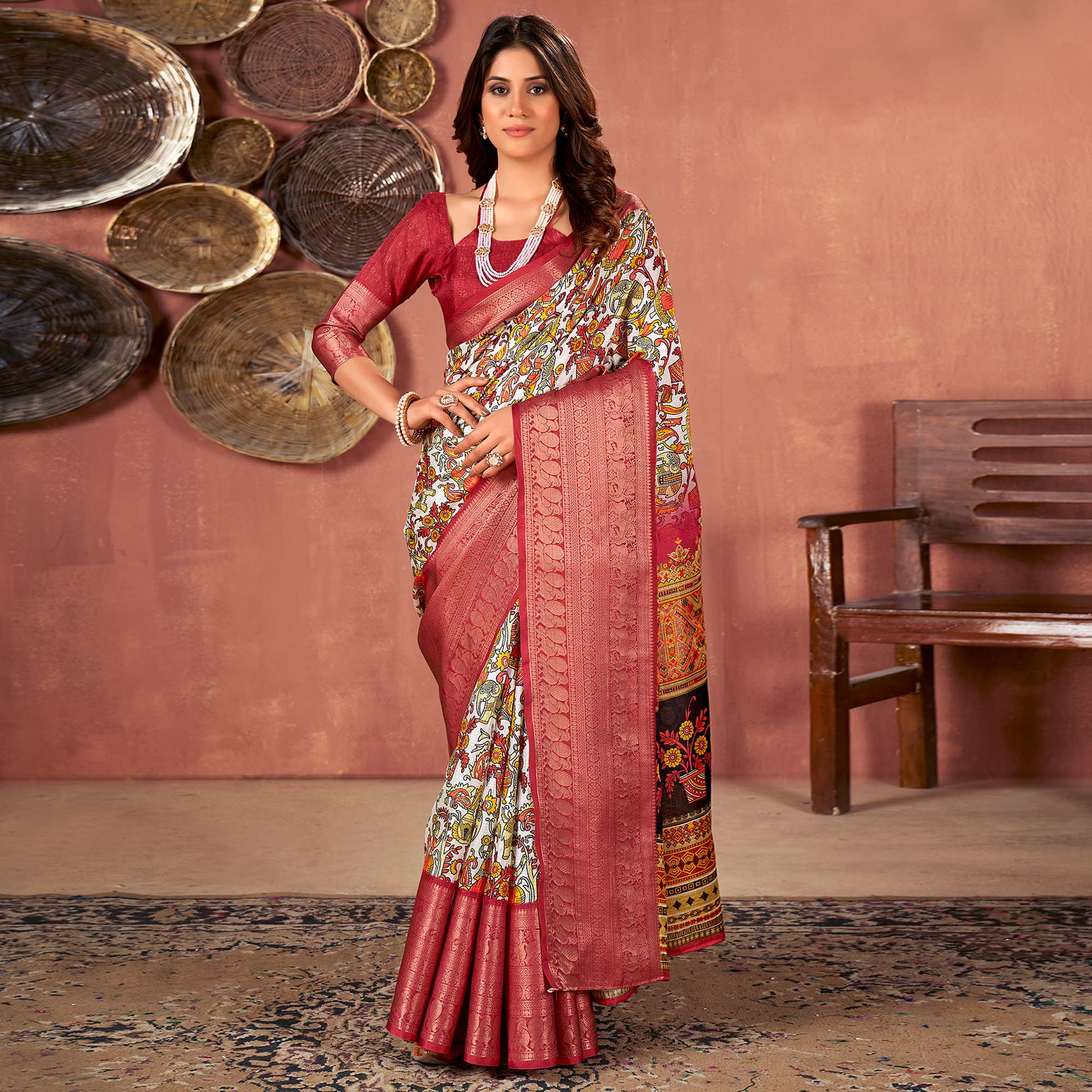 White & Red Printed With Woven Border Kota Doria Saree