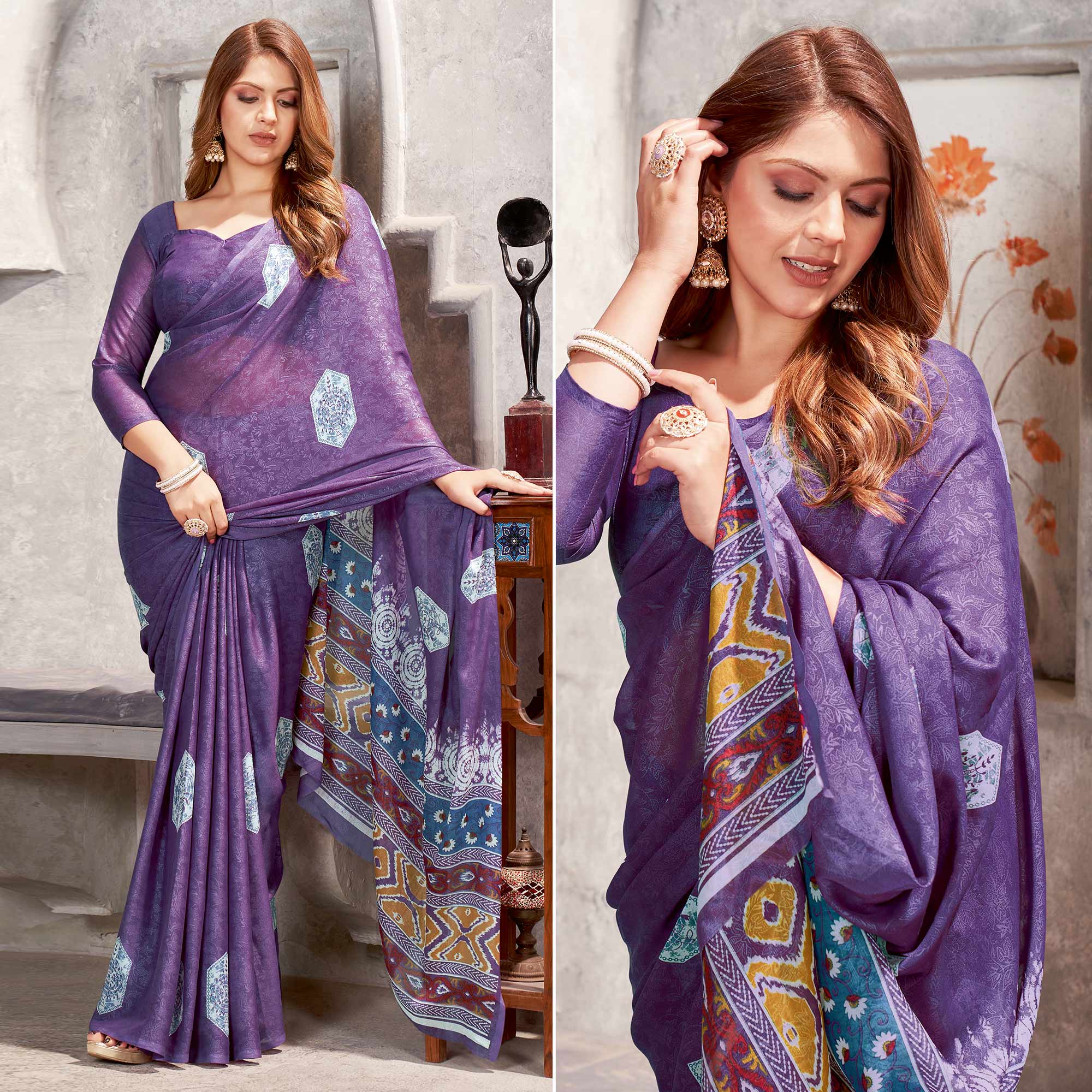 Purple Floral Printed Chiffon Saree