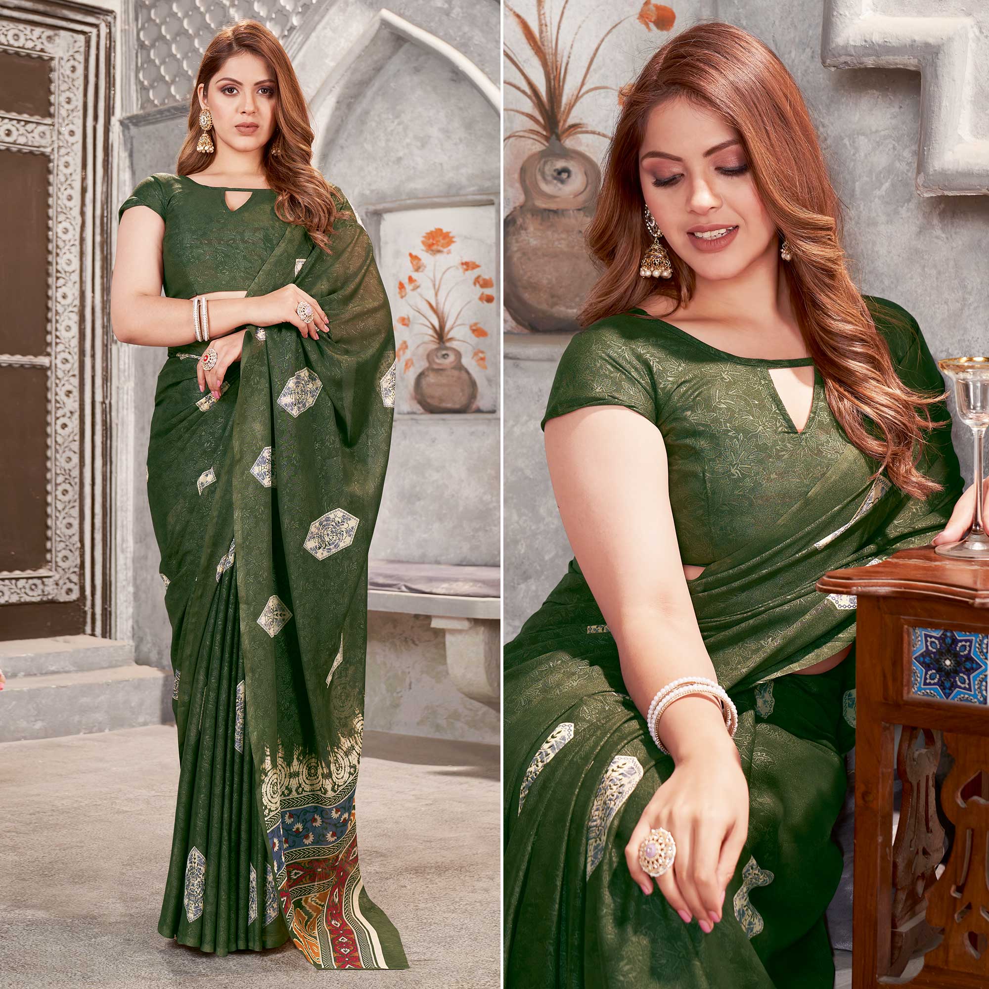 Green Floral Printed Chiffon Saree