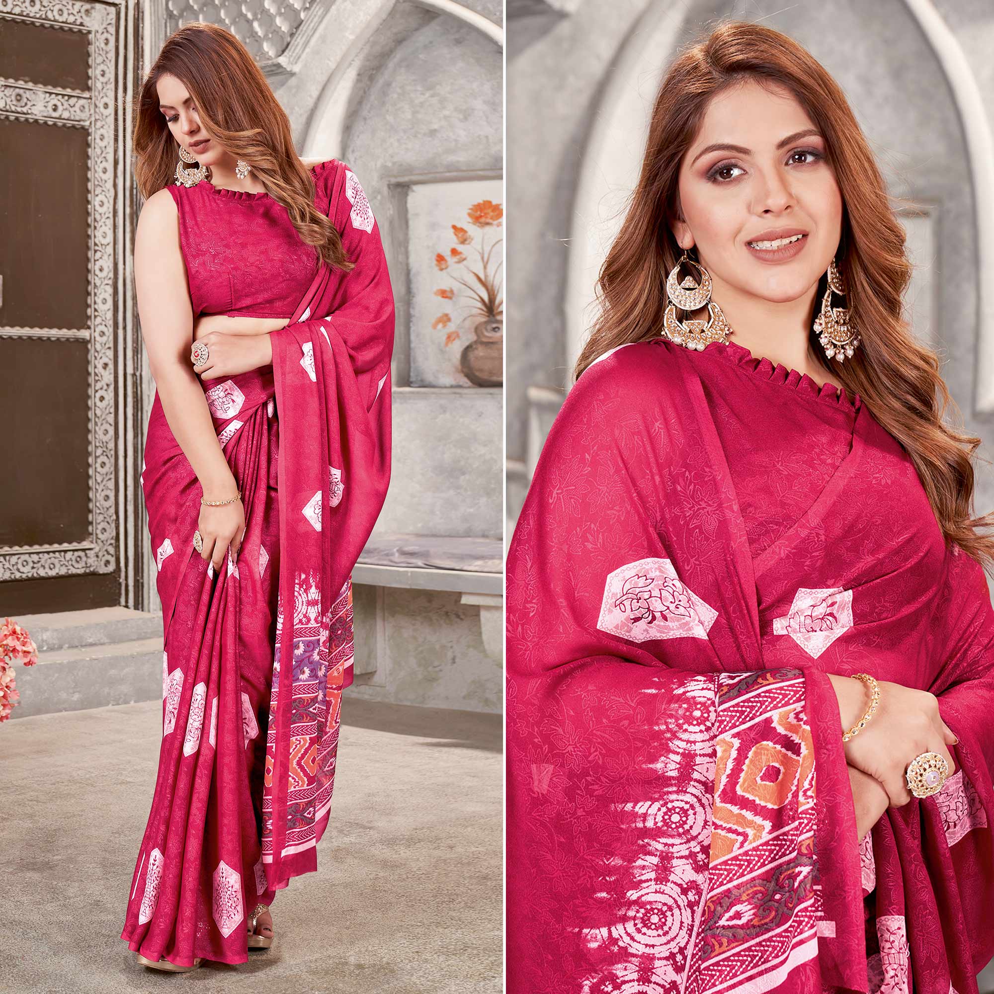 Pink Floral Printed Chiffon Saree