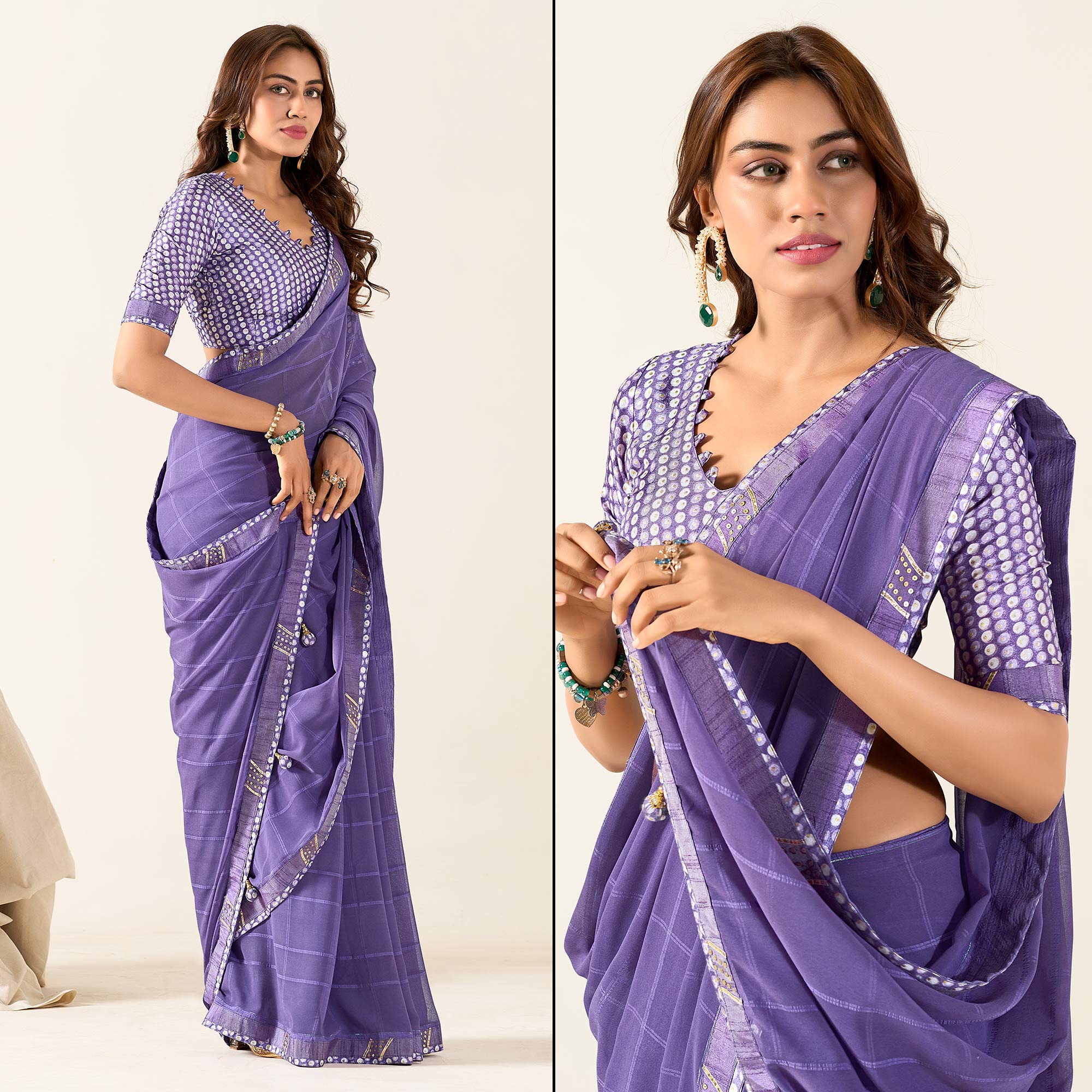 Purple Printed With Woven Georgette Saree With Tassels