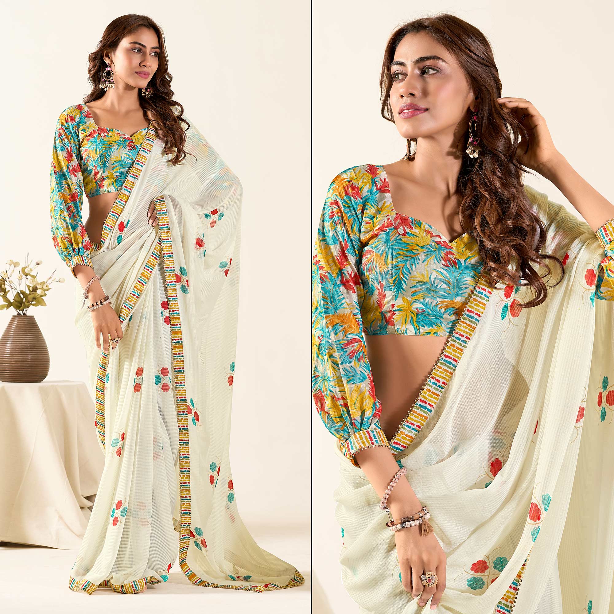 Off White Printed With Woven Georgette Saree With Tassels