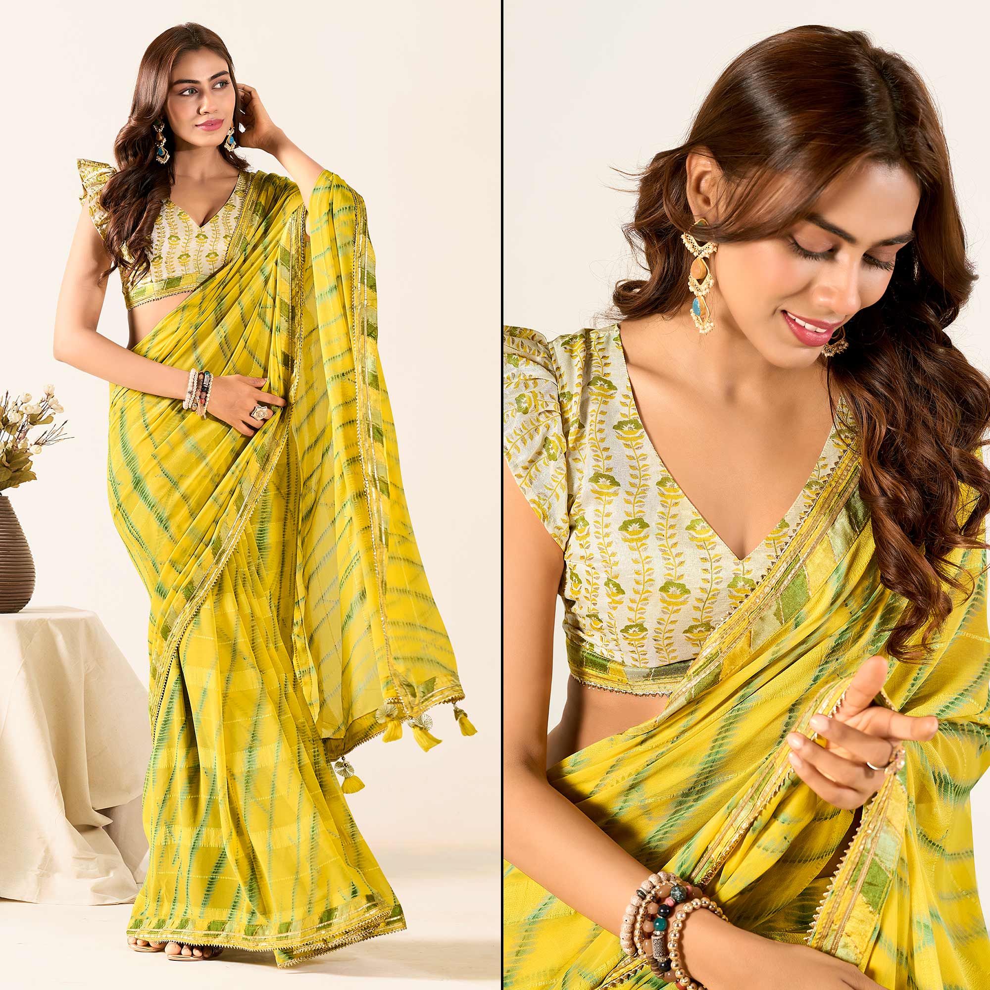 Yellow Printed With Woven Georgette Saree With Tassels