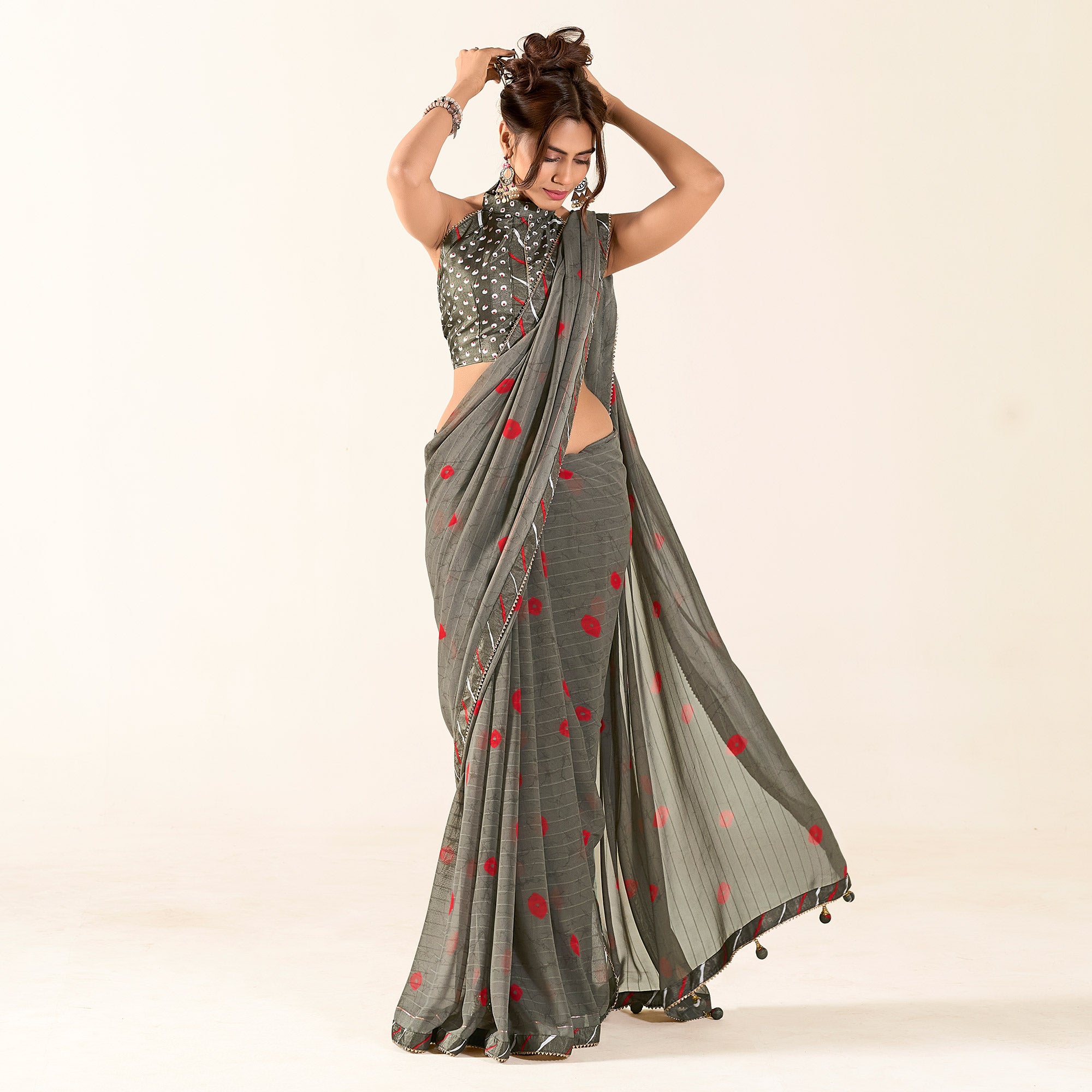 Grey Printed With Woven Georgette Saree With Tassels