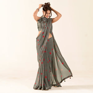 Grey Printed With Woven Georgette Saree With Tassels