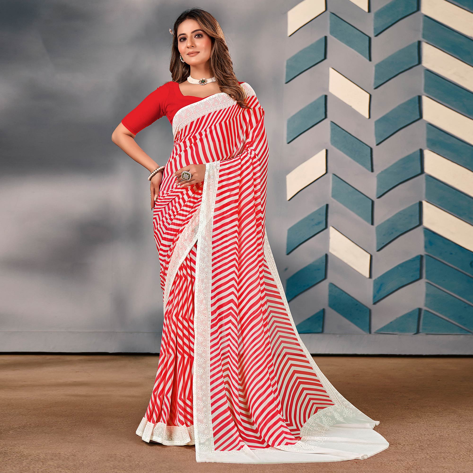Red Striped Printed Georgette Saree