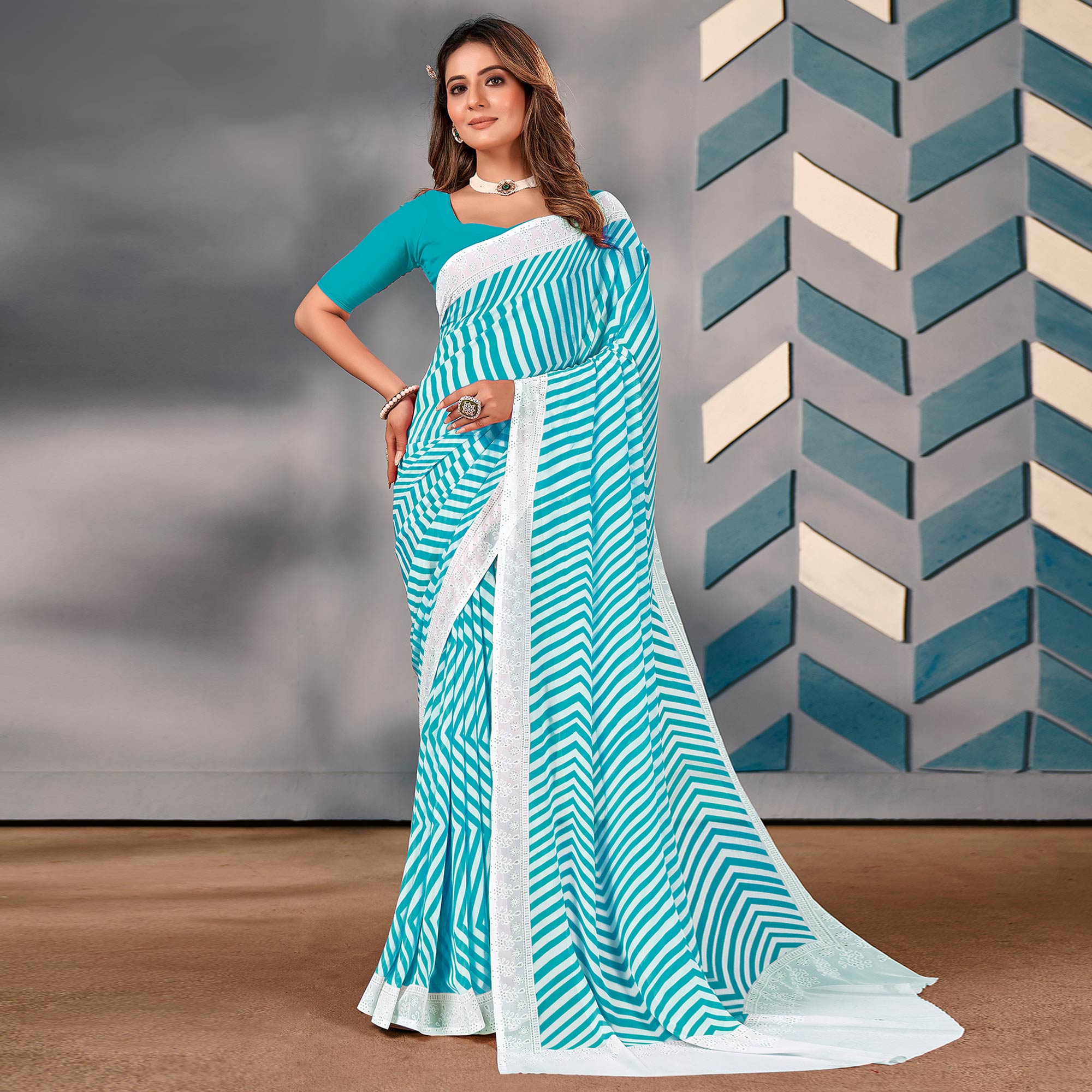 Blue Striped Printed Georgette Saree
