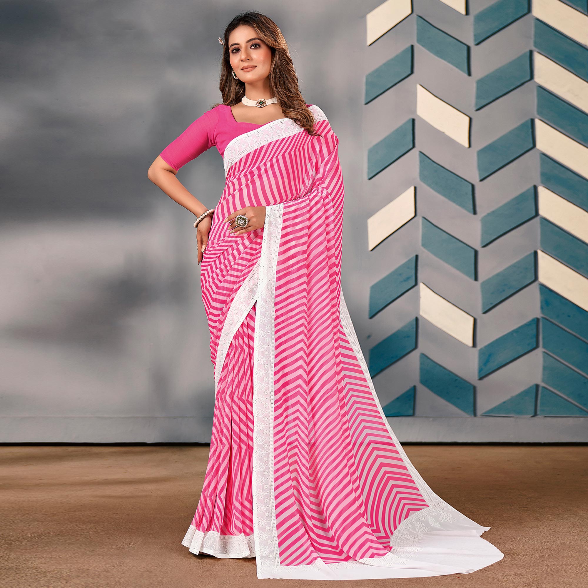 Pink Striped Printed Georgette Saree