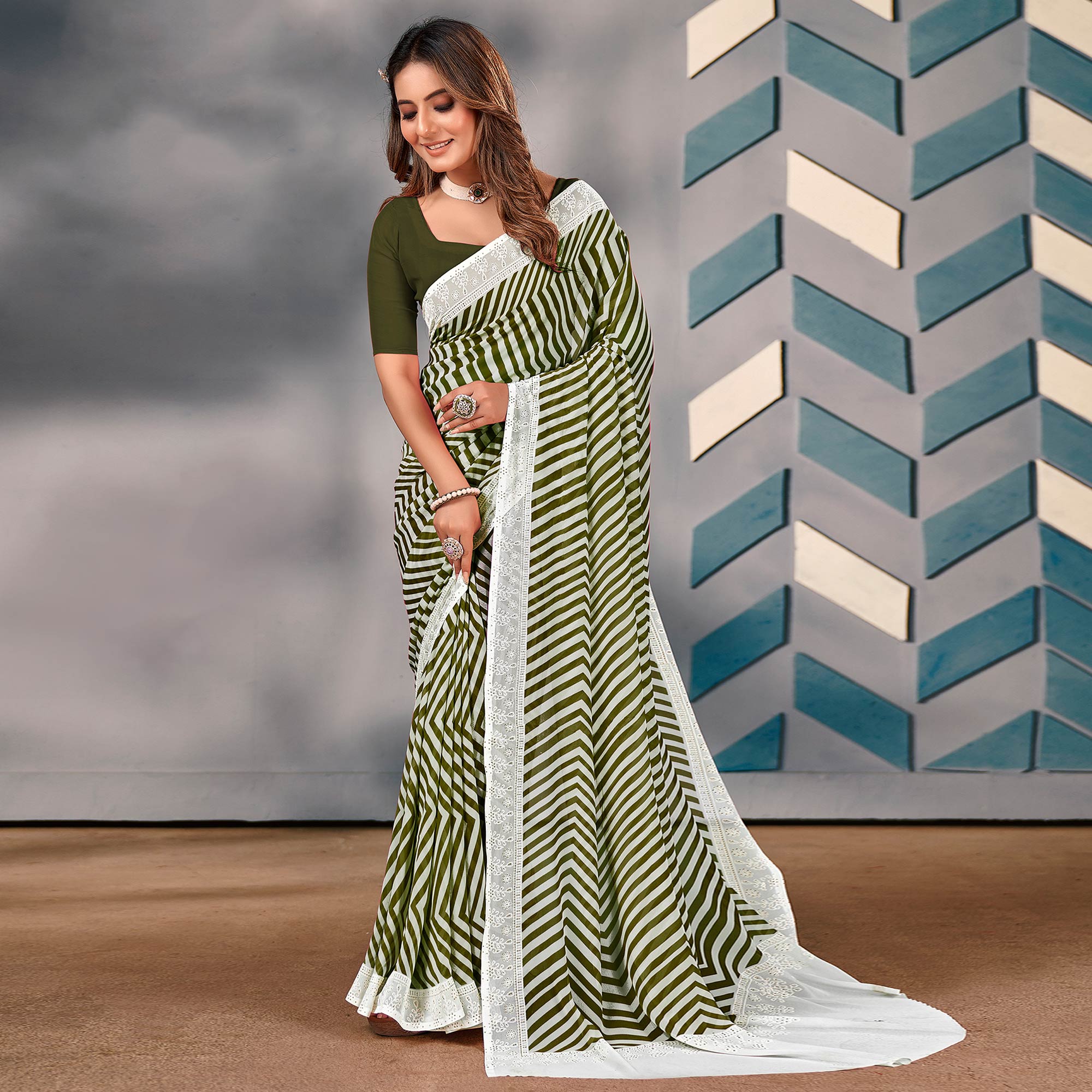 Green Striped Printed Georgette Saree