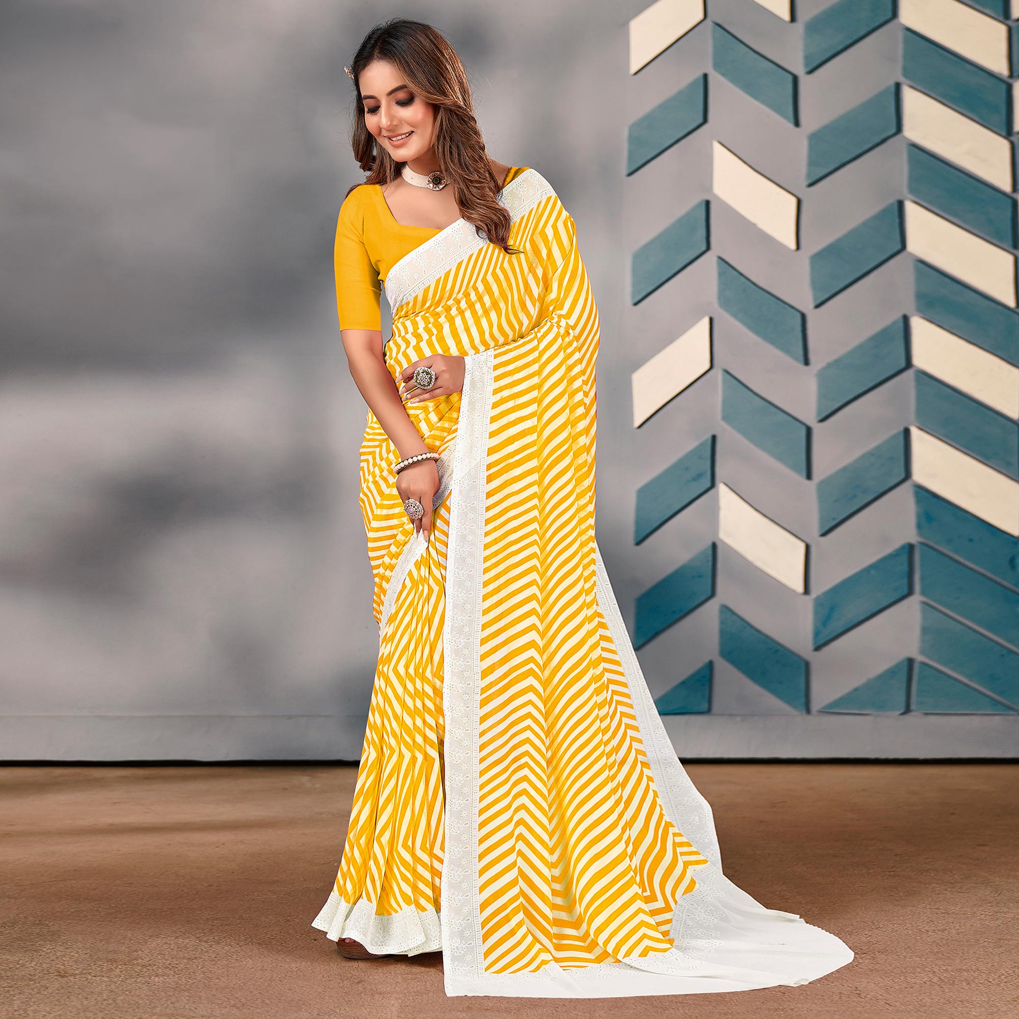 Yellow Striped Printed Georgette Saree