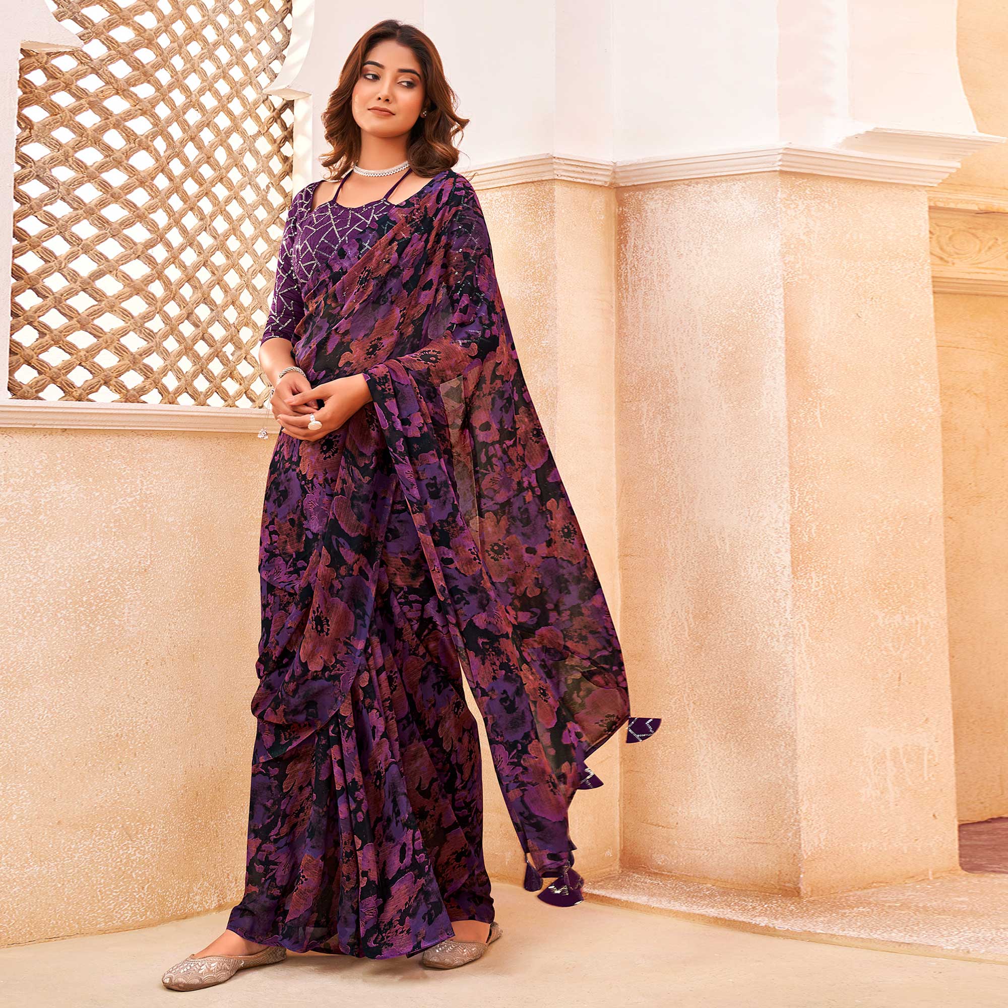 Purple Floral Printed Georgette Saree With Tassels