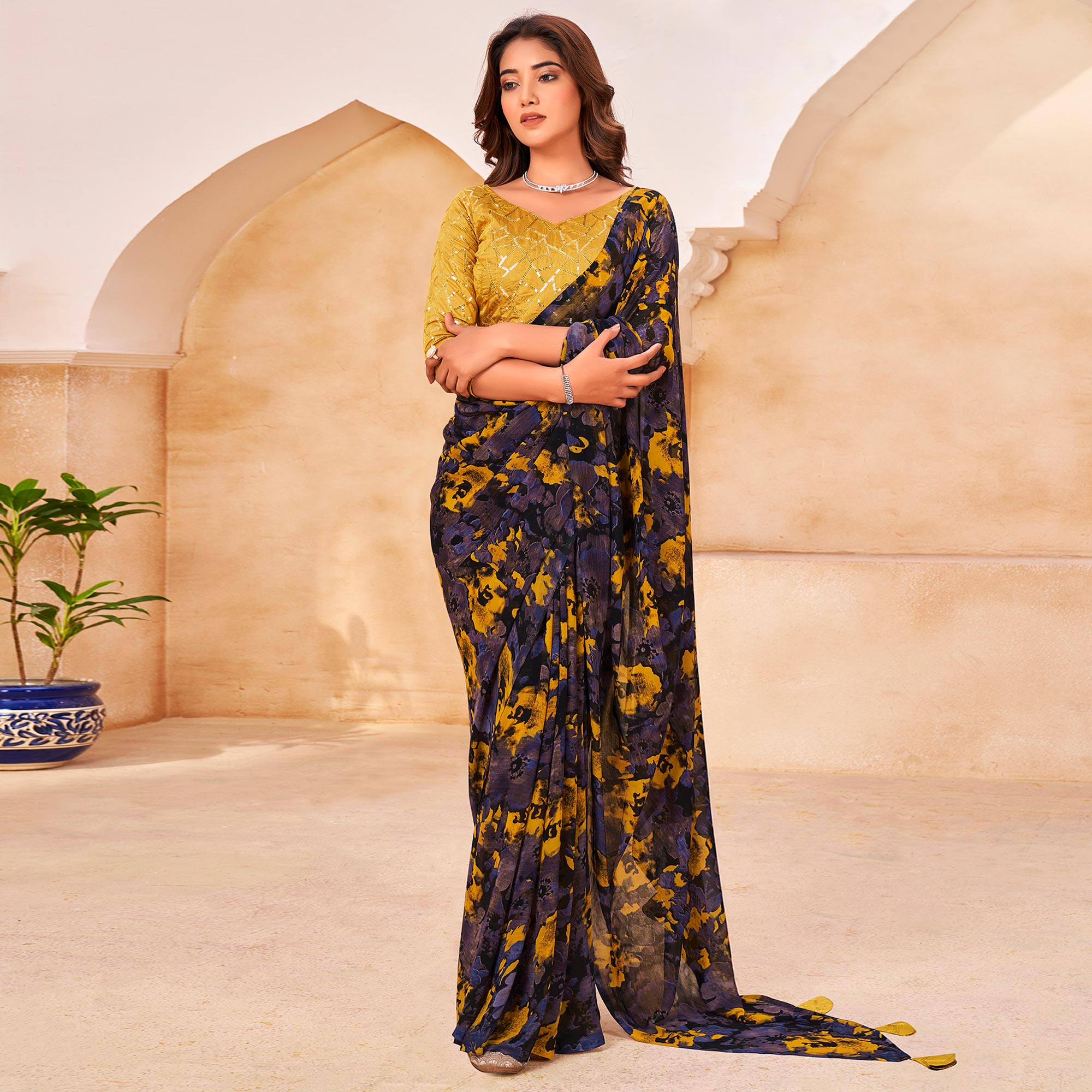 Purple & Yellow Floral Printed Georgette Saree With Tassels