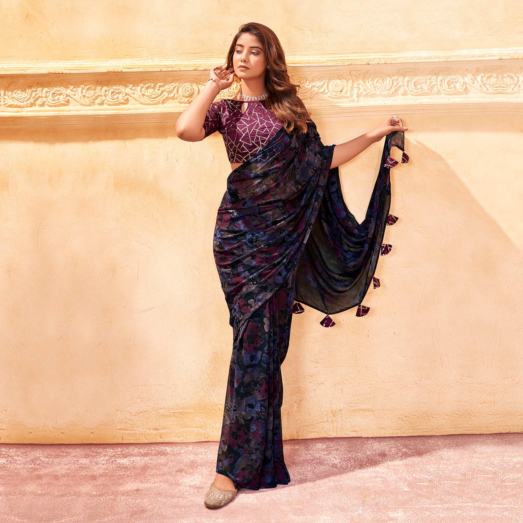 Multicolor Floral Printed Georgette Saree With Tassels