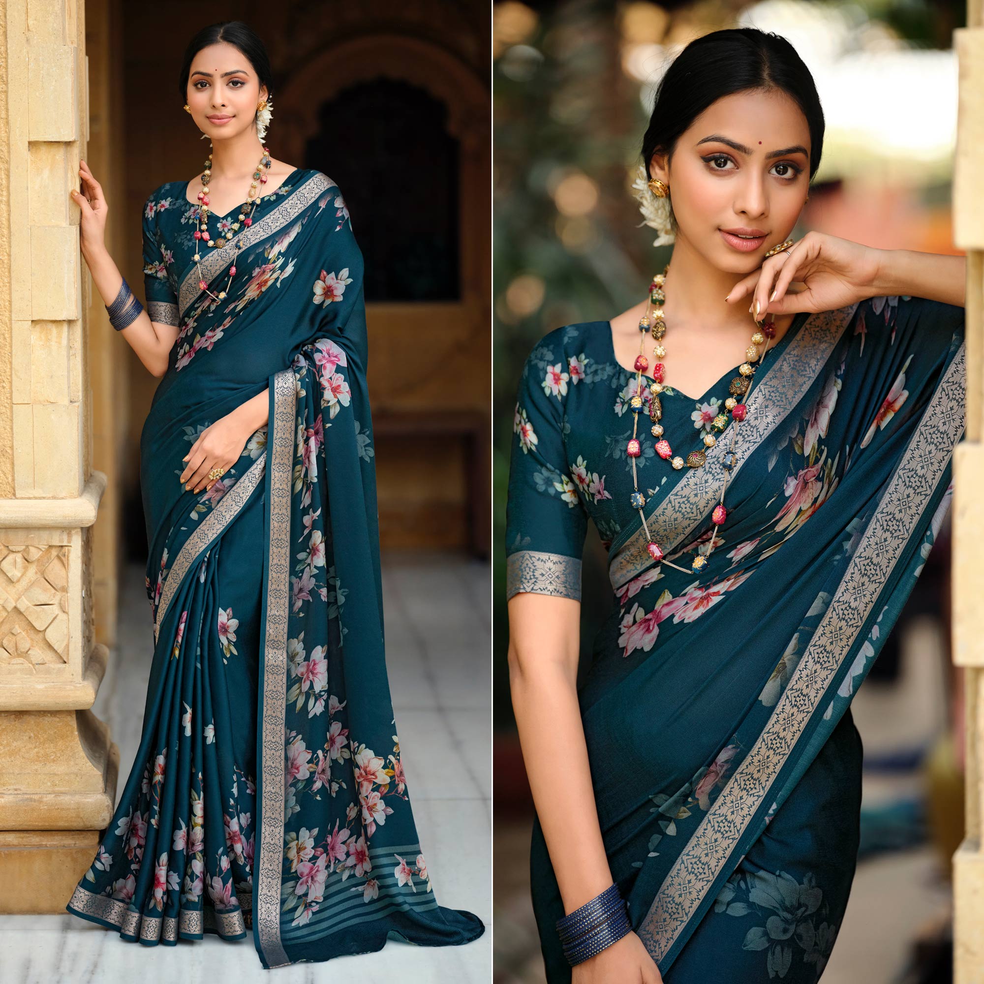 Teal Floral Digital Printed Viscose Saree With Zari Border