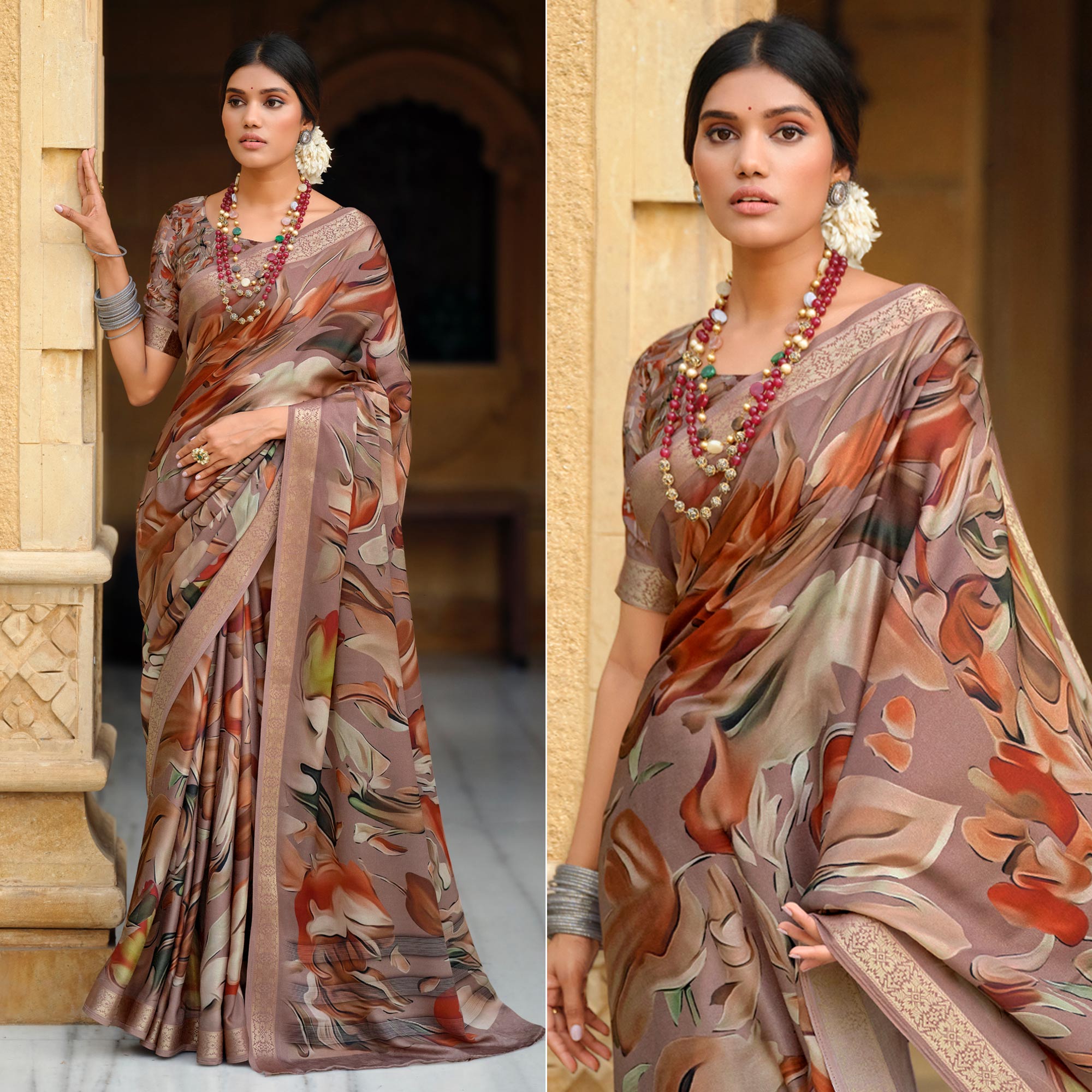Rosy Brown Floral Digital Printed Viscose Saree With Zari Border