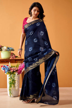 Luxurious Navy Blue Tussar Silk Saree Featuring Traditional Bandhani Print & Peacock Jacquard Border