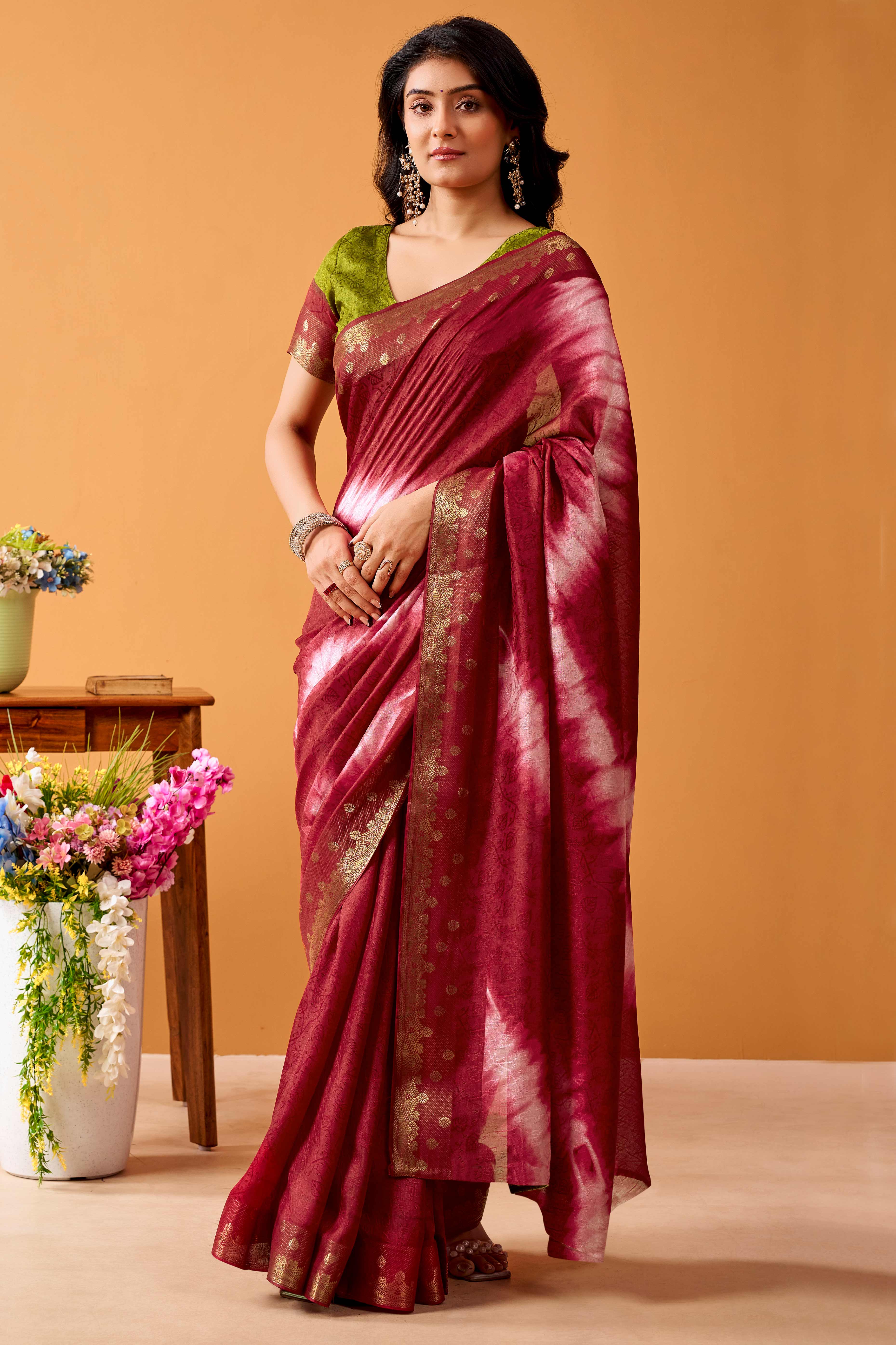 Luxurious Maroon Tussar Silk Saree Featuring Traditional Abstract Print & Peacock Jacquard Border