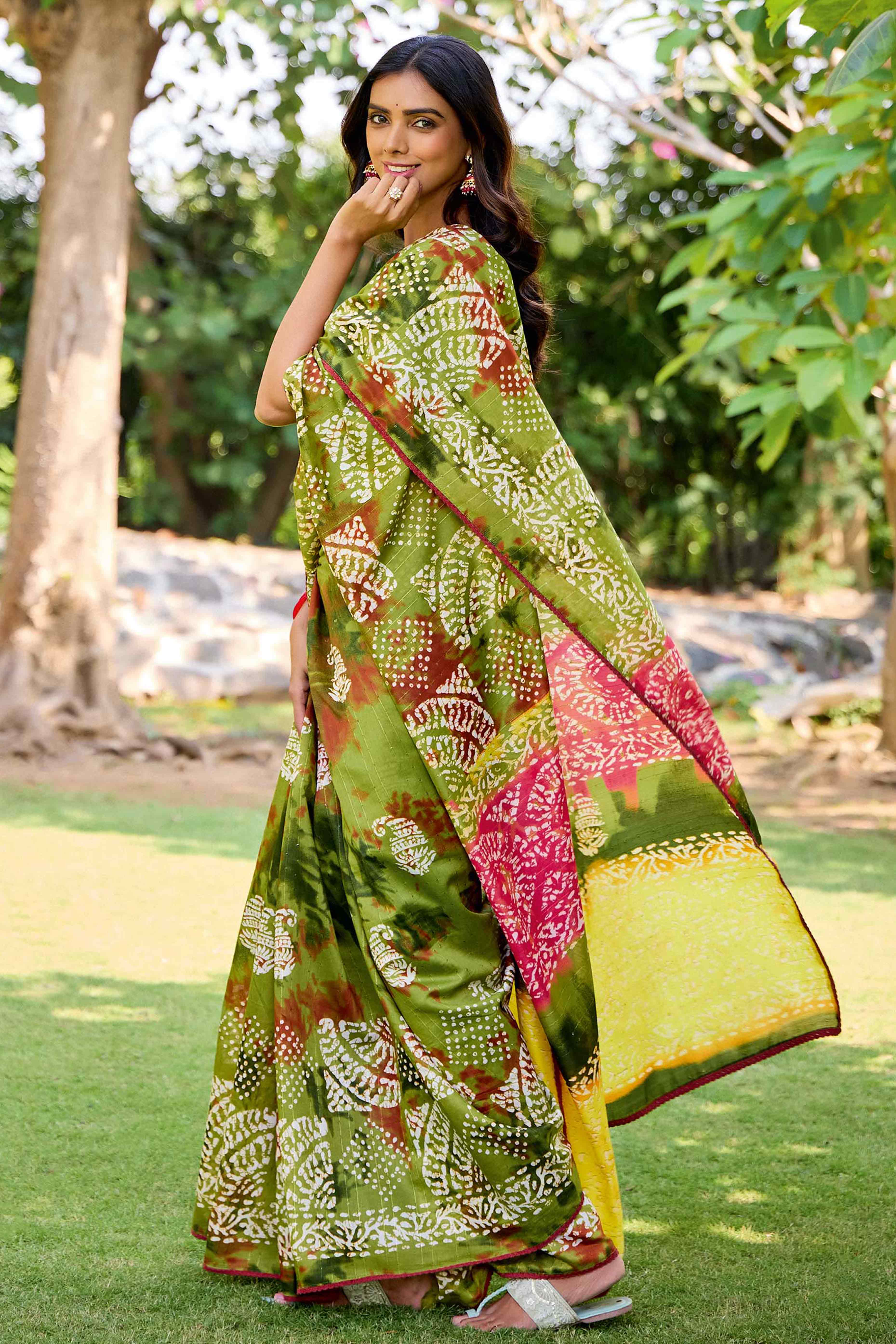 Green Batik Printed Cotton Silk Saree