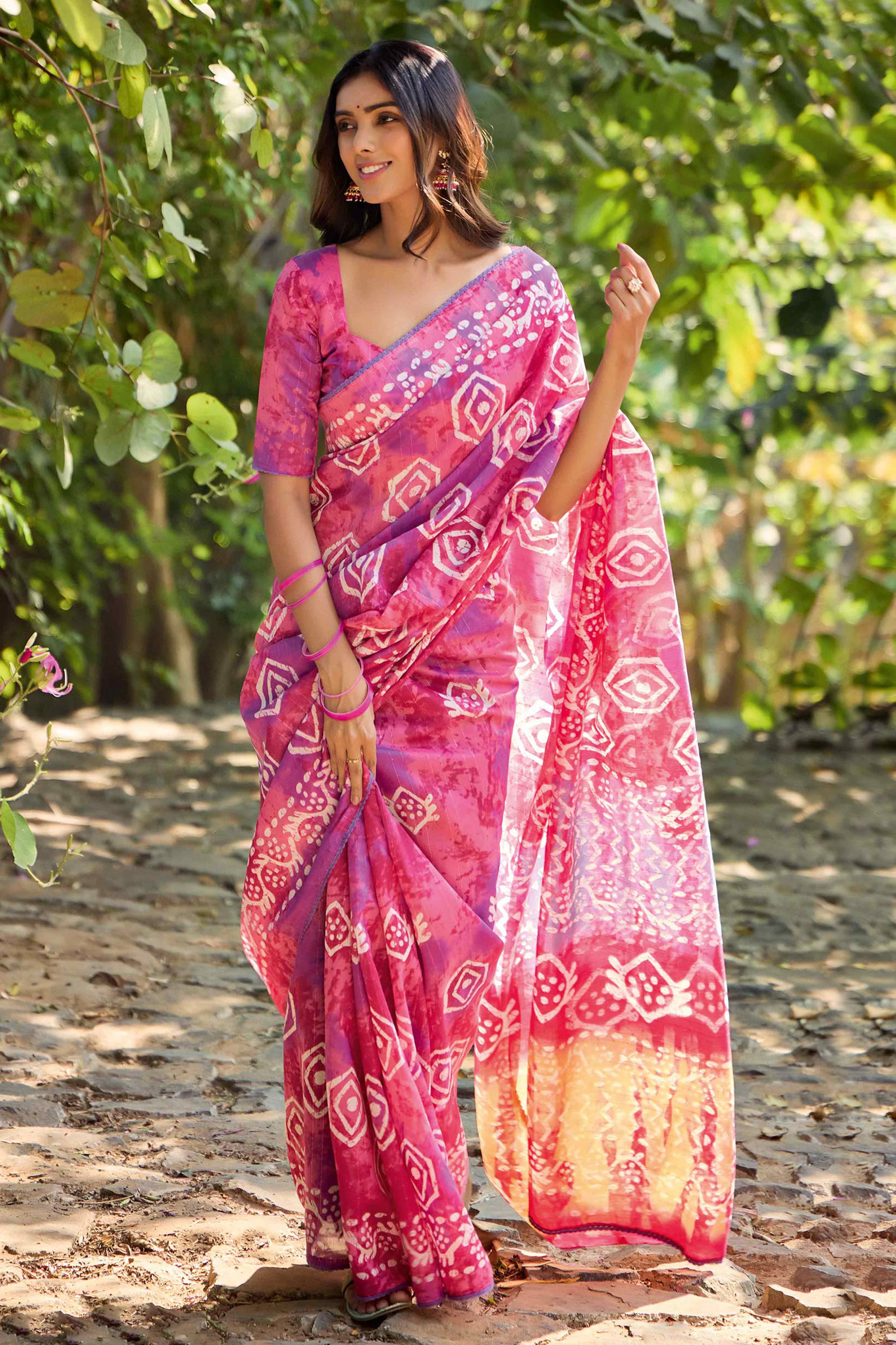 Pink Batik Printed Cotton Silk Saree
