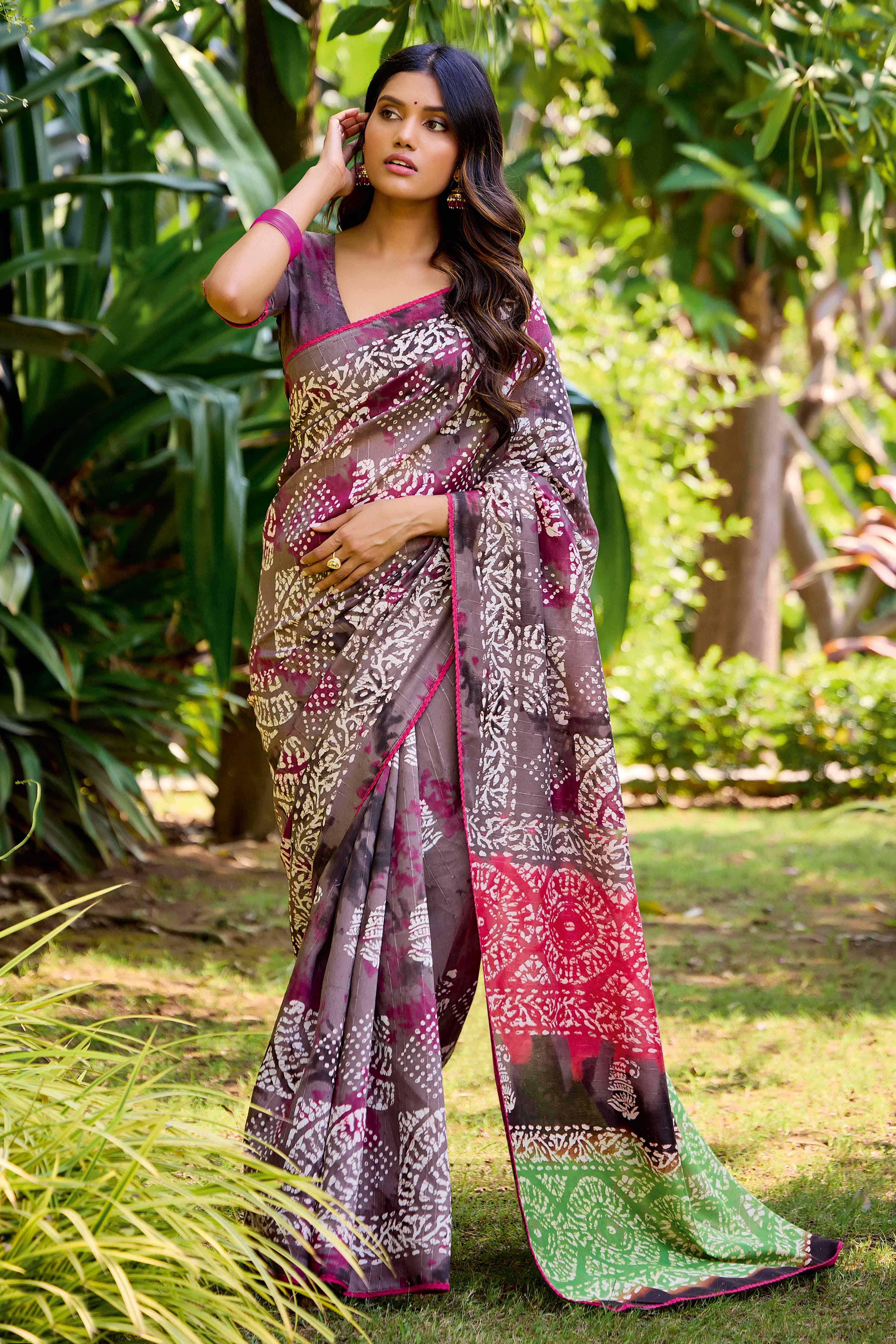 Purple Batik Printed Cotton Silk Saree