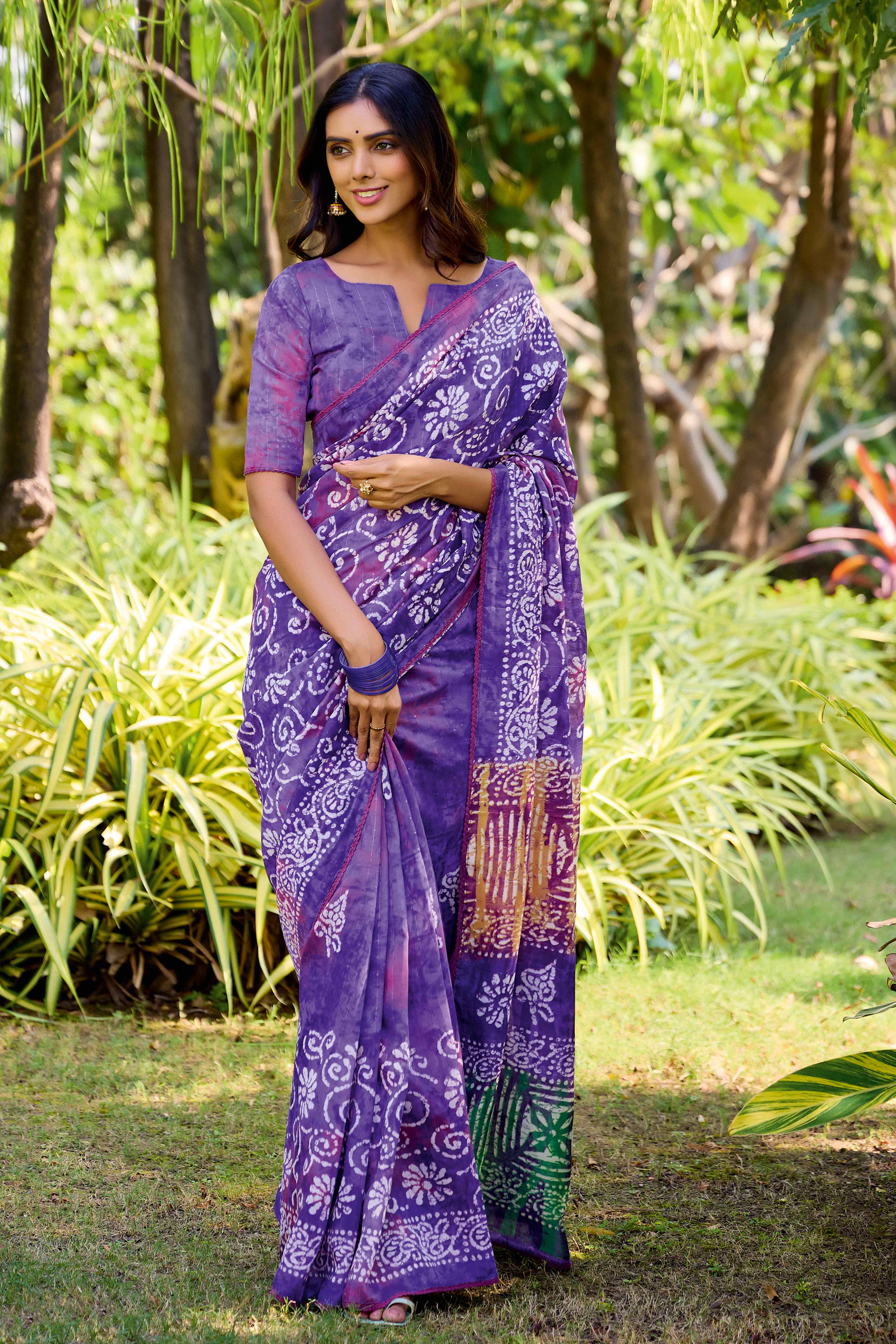 Violet Batik Printed Cotton Silk Saree