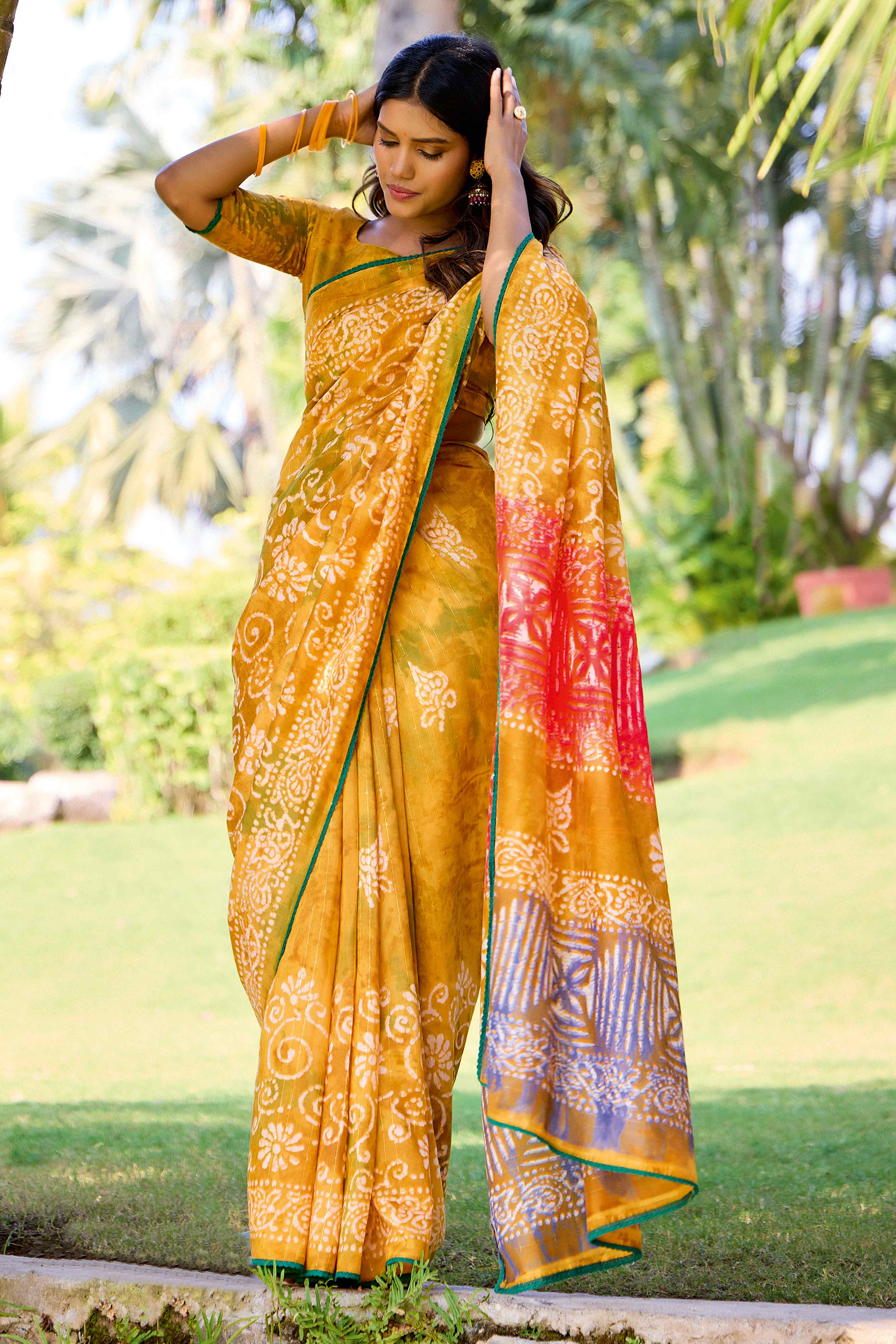 Mustard Batik Printed Cotton Silk Saree