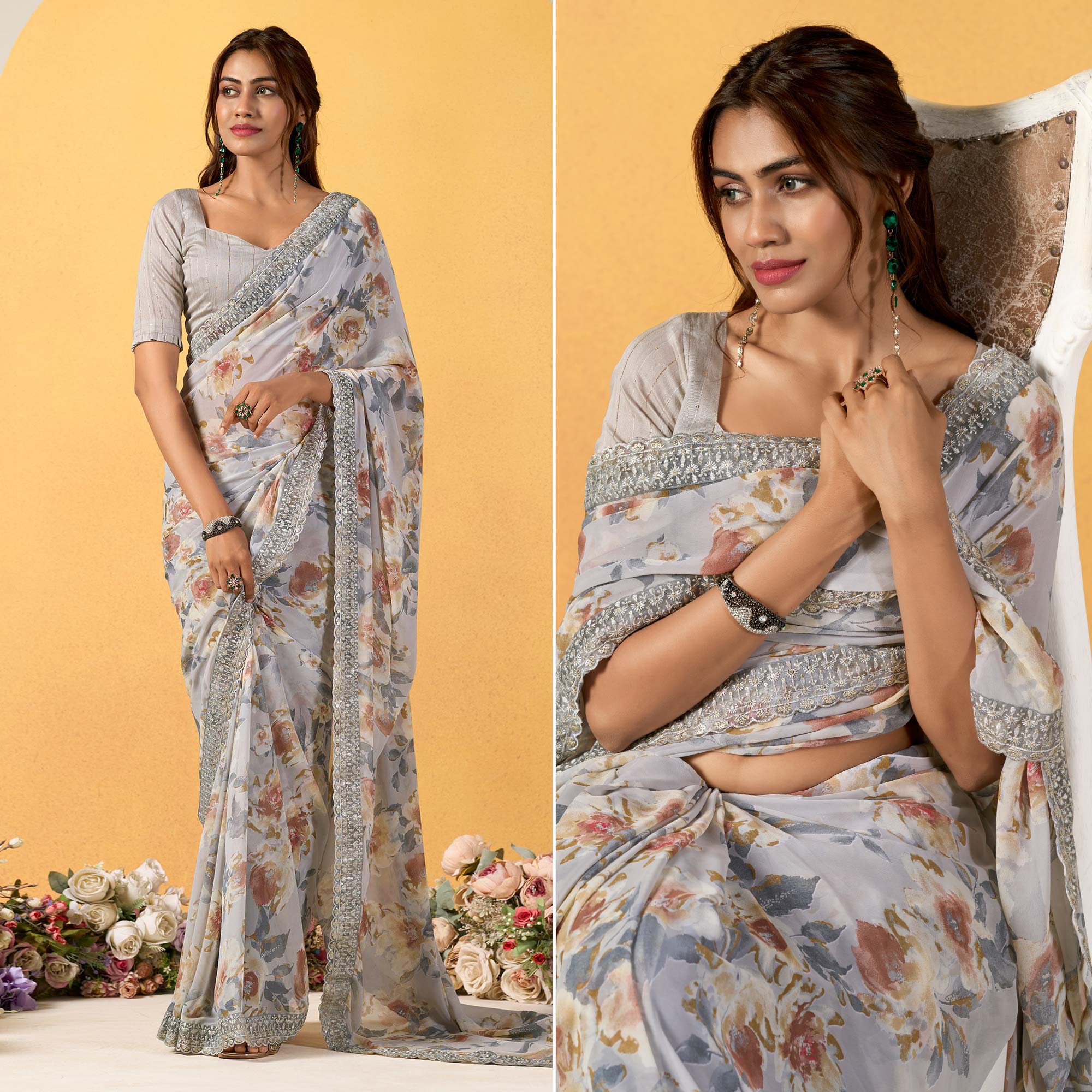 Grey Floral Printed Chiffon Saree With Designer Border
