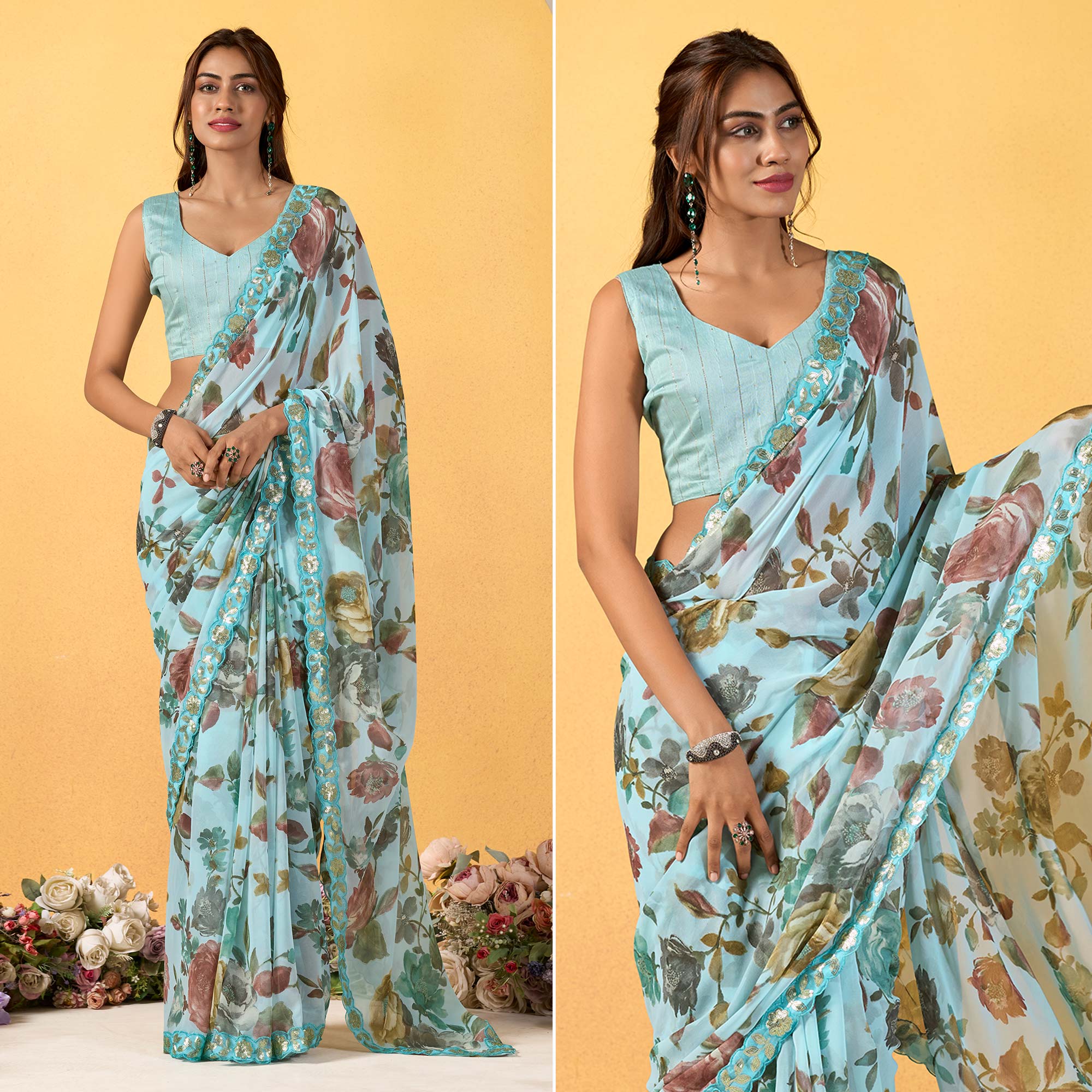 Sky Blue Floral Printed Chiffon Saree With Designer Border