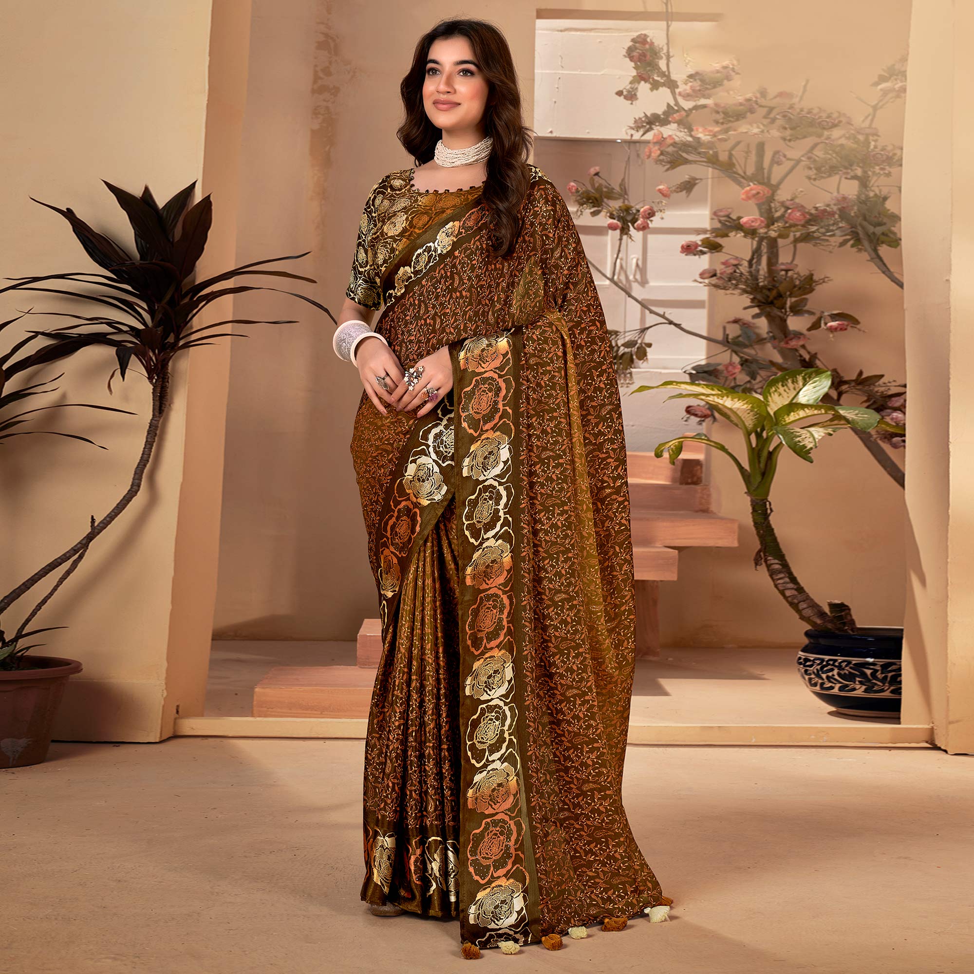 Tan Floral Printed Georgette Saree with Satin Border