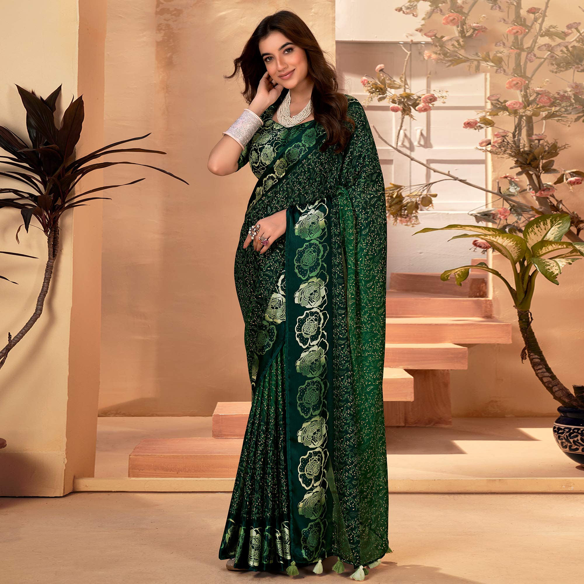 Green Floral Printed Georgette Saree with Satin Border