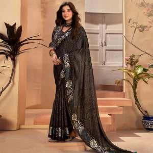 Black Floral Printed Georgette Saree with Satin Border